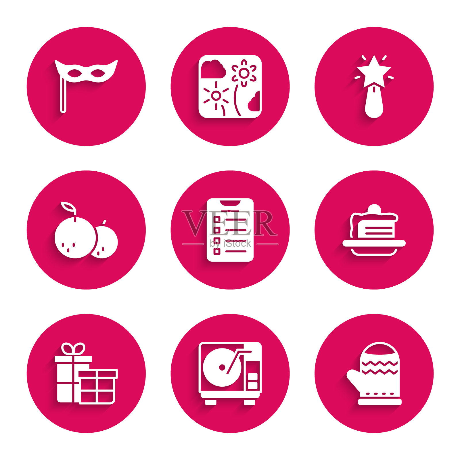 设定新的一年的目标清单，黑胶播放器与黑胶唱片，圣诞手套，蛋糕，礼盒，橘子，明星和节日面具图标。向量插画图片素材