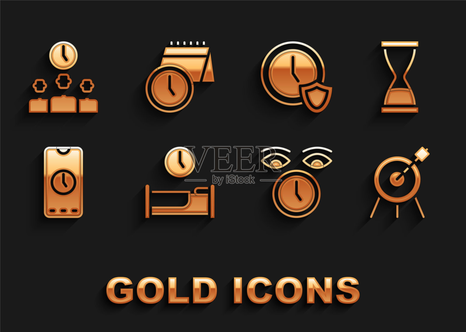 设置睡眠时间，沙漏，目标运动，时钟，闹钟应用程序移动，屏蔽，管理和日历图标。向量插画图片素材