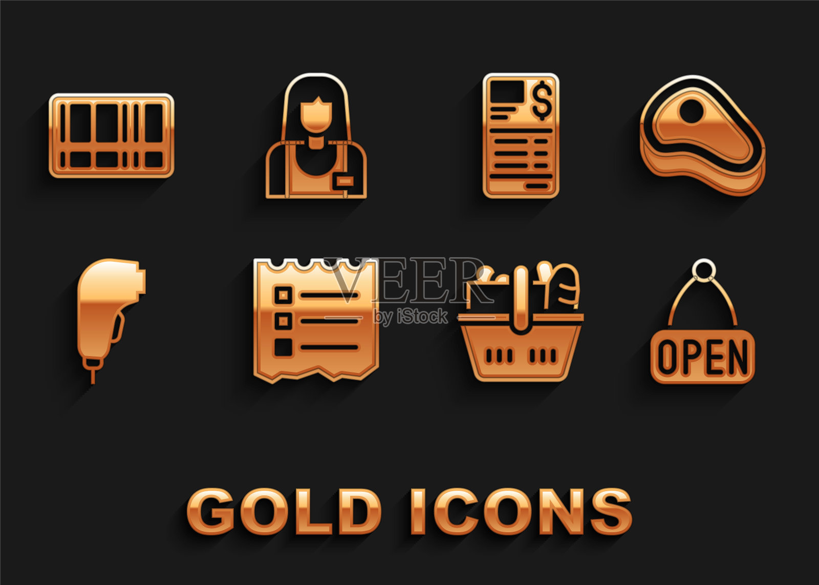 集购物清单，牛排肉，挂标志与打开，篮子和食品，扫描仪扫描条形码，纸或财务检查，条形码和卖家图标。向量插画图片素材