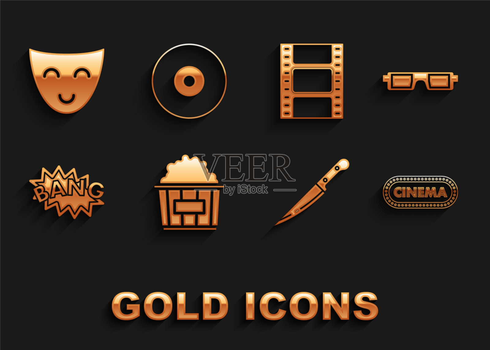 集爆米花纸箱，3D电影眼镜，电影海报设计模板，刀，砰砰文本演讲气泡气球，播放视频，喜剧戏剧面具和CD DVD磁盘图标。向量插画图片素材