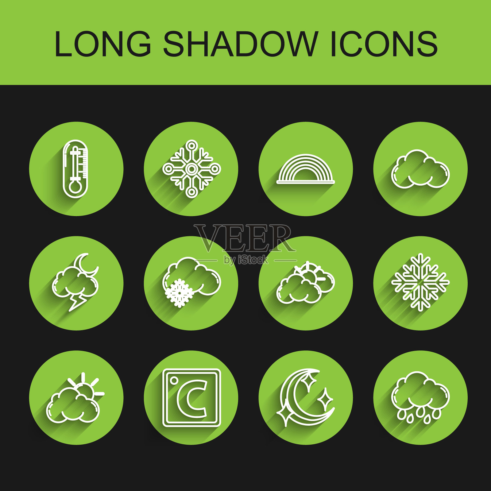 设置线太阳和云天气，摄氏度，温度计，月亮星星，云与雨，雪，雪花和图标。向量插画图片素材