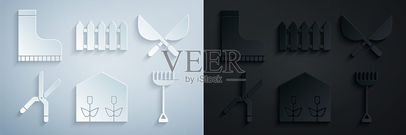 集家庭温室和植物，园艺手工剪刀，耙子，栅栏和防水橡胶靴图标。向量插画图片素材