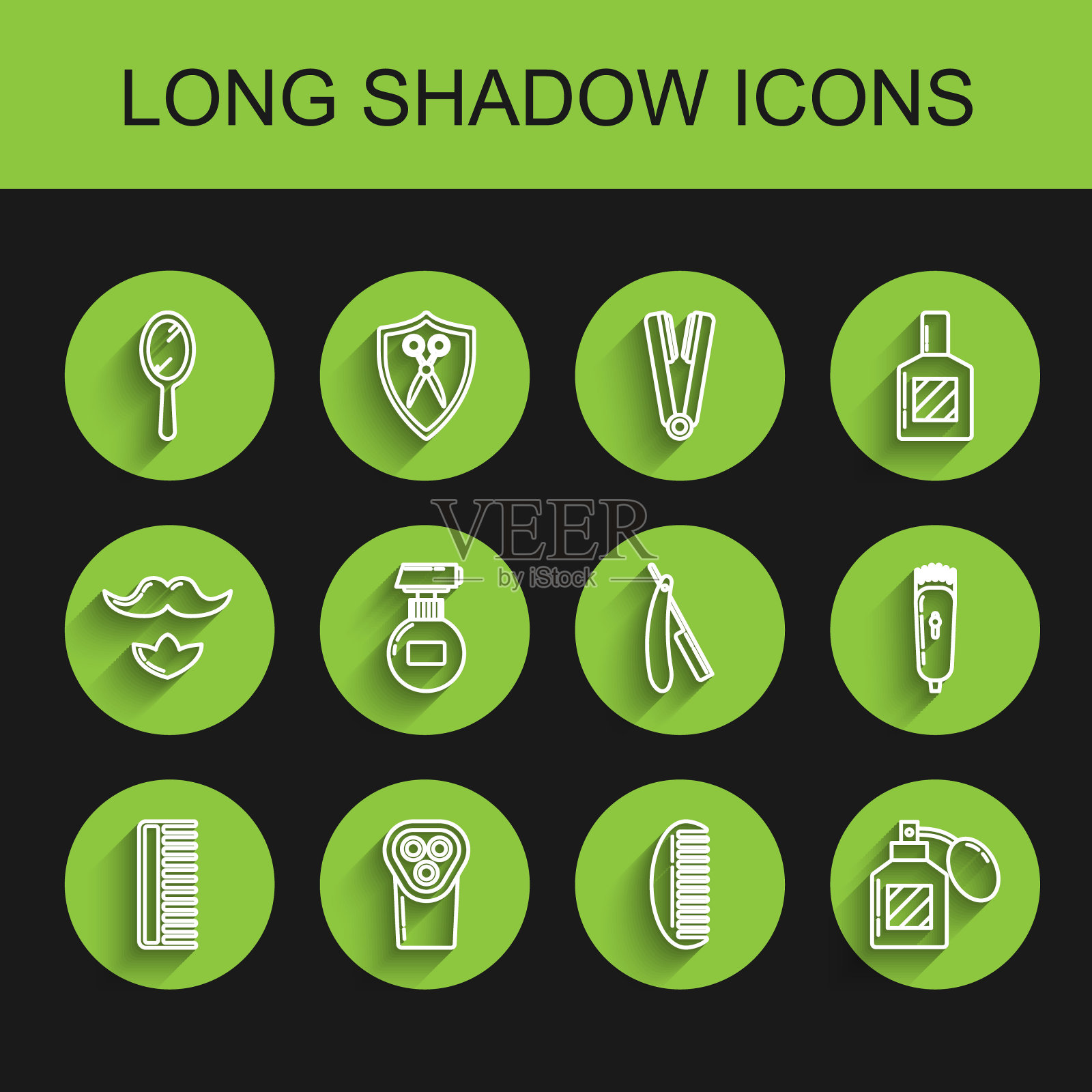 设定线发刷，电动剪发器或剃须刀，手镜，须后水，乳霜乳液化妆品管，和直剃刀图标。向量插画图片素材