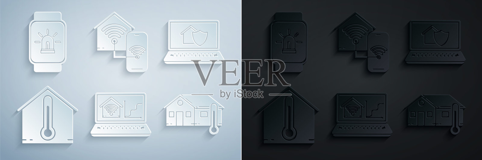 设置笔记本电脑与智能家居与wi-fi，房屋保护，房屋温度，智能和手表和警报图标。向量插画图片素材