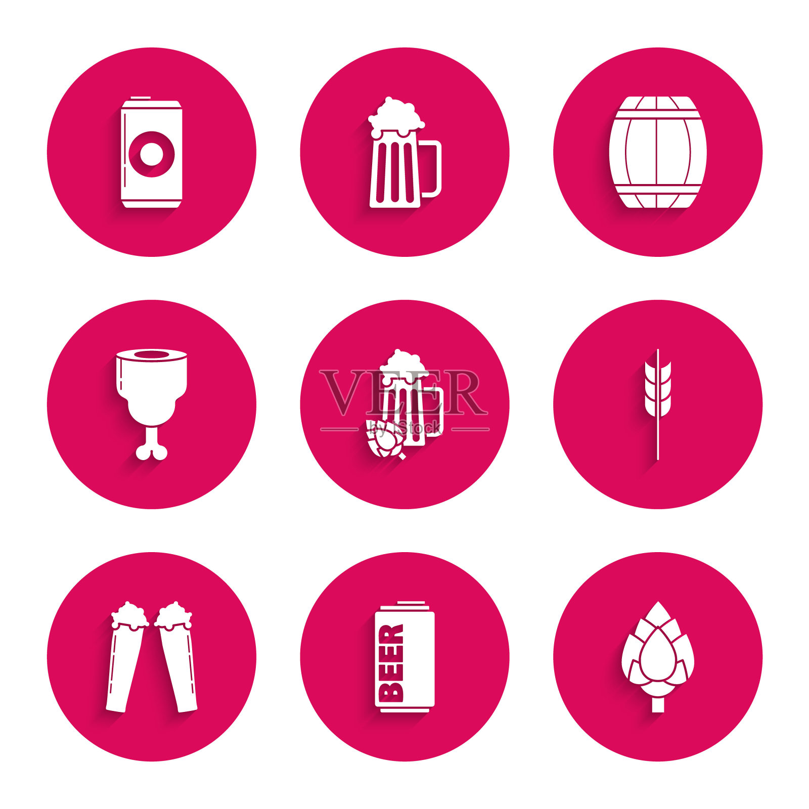 啤酒和啤酒花，啤酒罐，啤酒花，谷物与大米，小麦，玉米，燕麦，黑麦，大麦，鸡腿，木桶和图标。向量插画图片素材