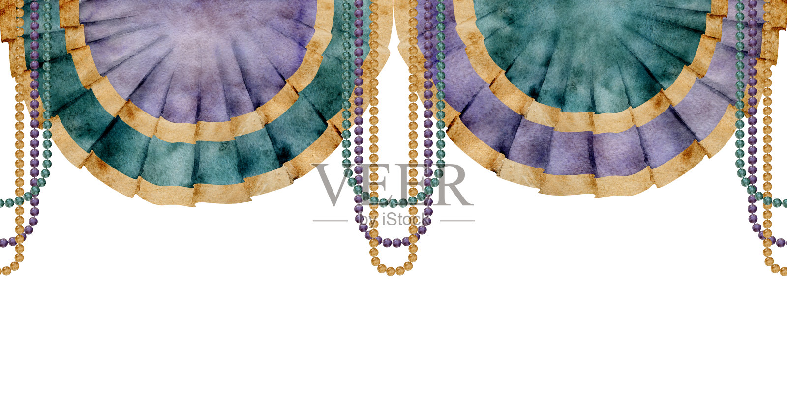手绘水彩狂欢节标志。花环彩花珠珠垂珍珠串串，金紫绿。无缝横幅隔离在白色背景。设计派对邀请，打印店插画图片素材
