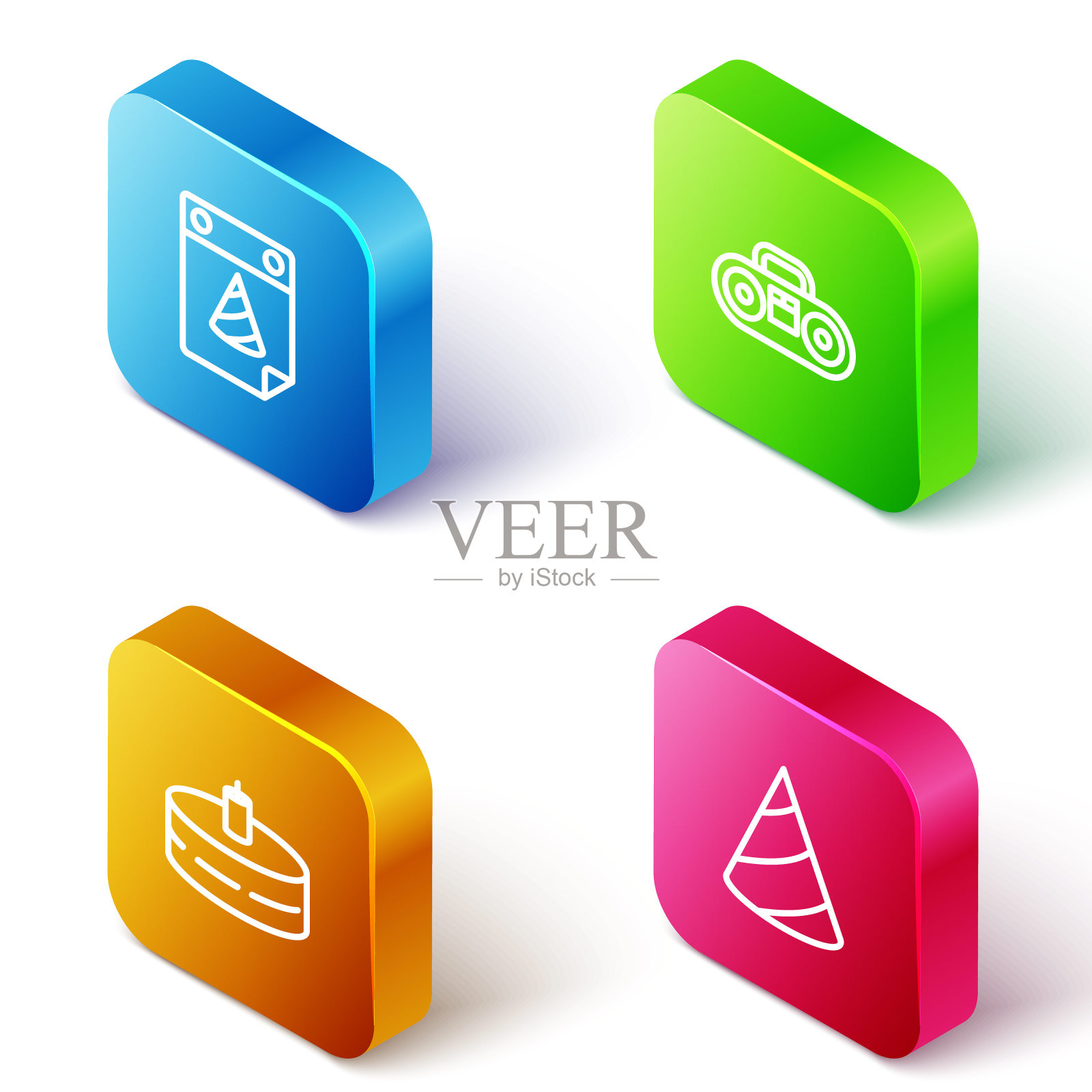 设置等距线日历派对，家庭立体声与两个扬声器，蛋糕燃烧蜡烛和派对帽子图标。向量插画图片素材