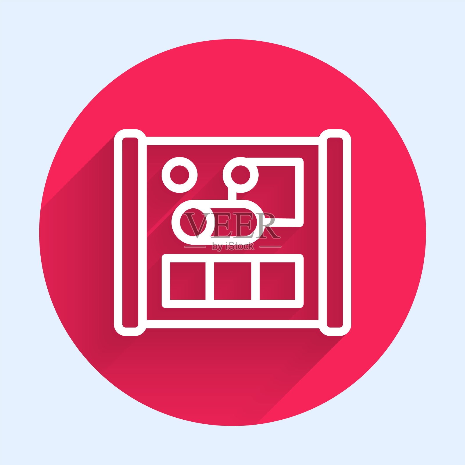 白线绘图纸工程图标隔离与长阴影背景。红色圆圈按钮。向量插画图片素材