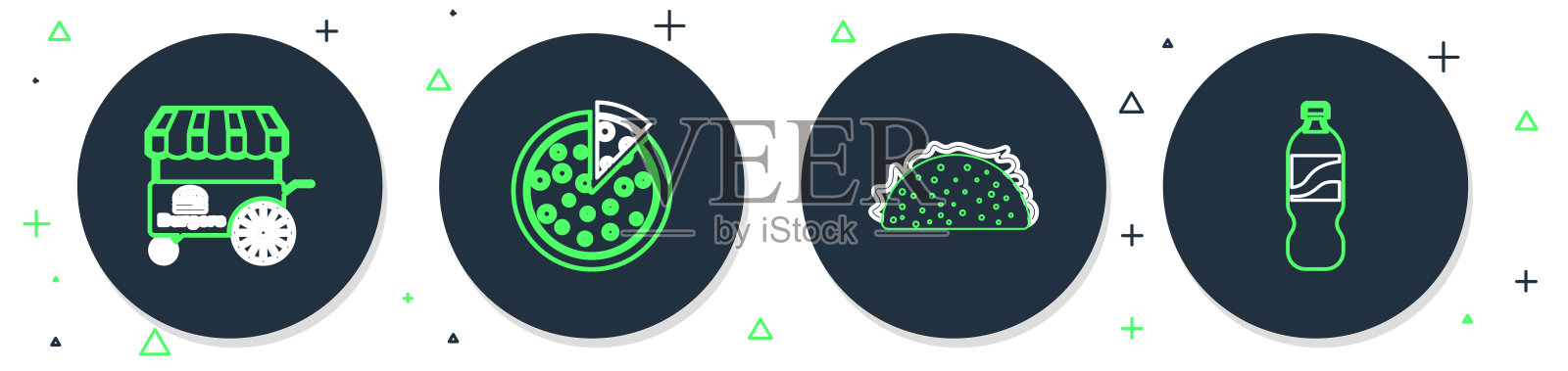 设定线披萨，墨西哥卷饼，快街食品车和瓶装水的图标。向量插画图片素材