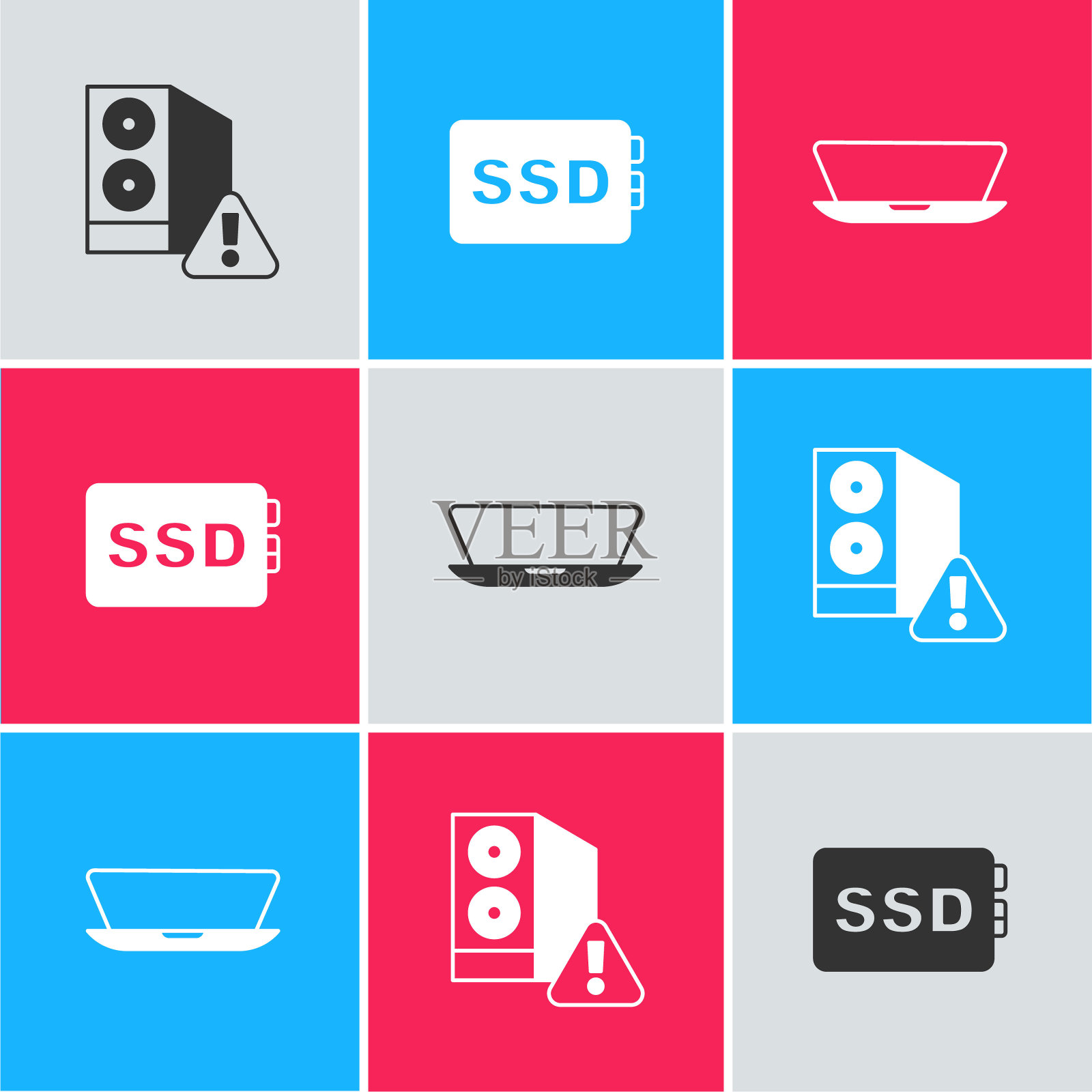 设置电脑外壳，SSD卡和笔记本电脑图标。向量插画图片素材