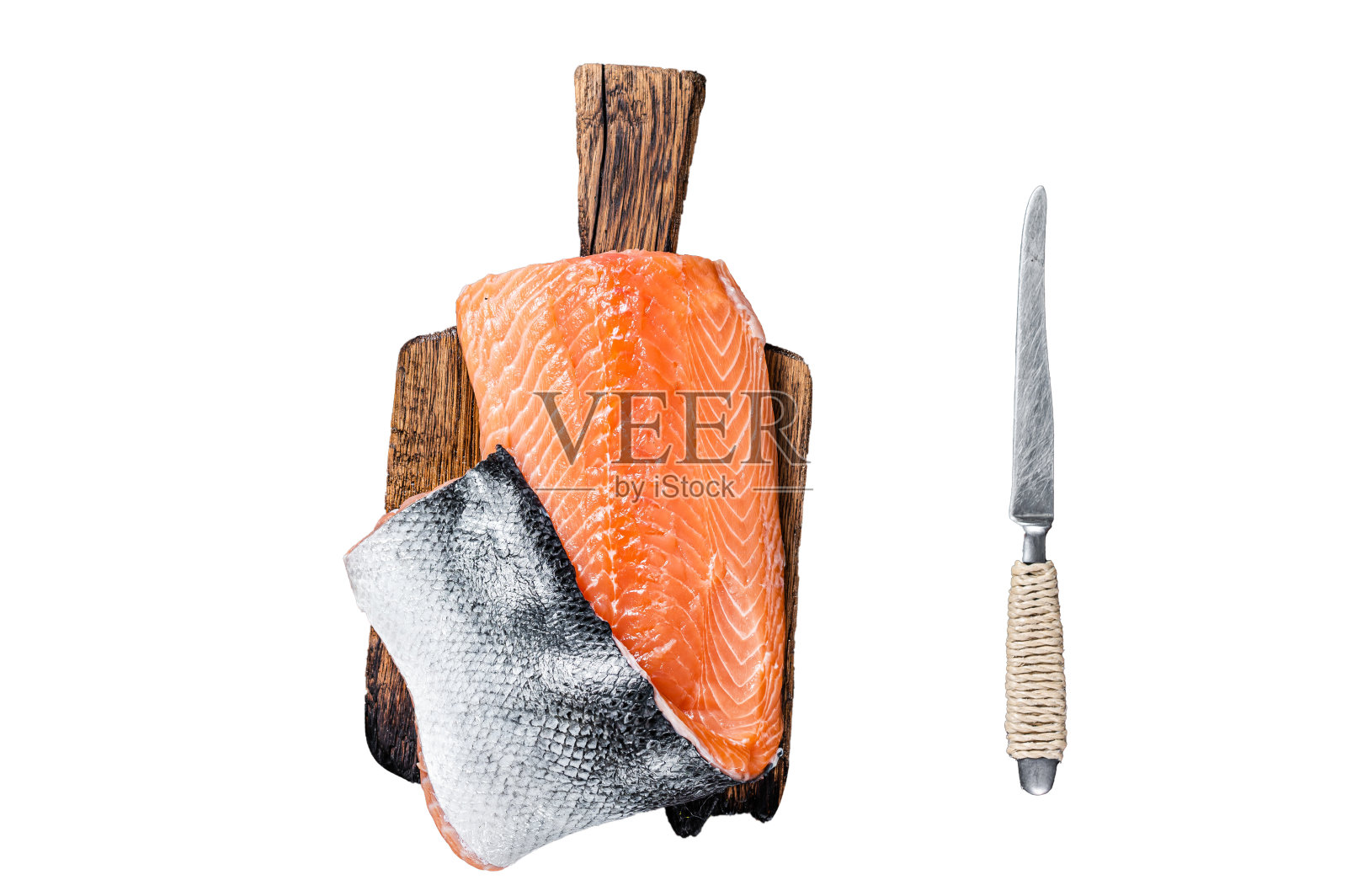 鲑鱼鱼片孤立在白色背景，俯视图。照片摄影图片