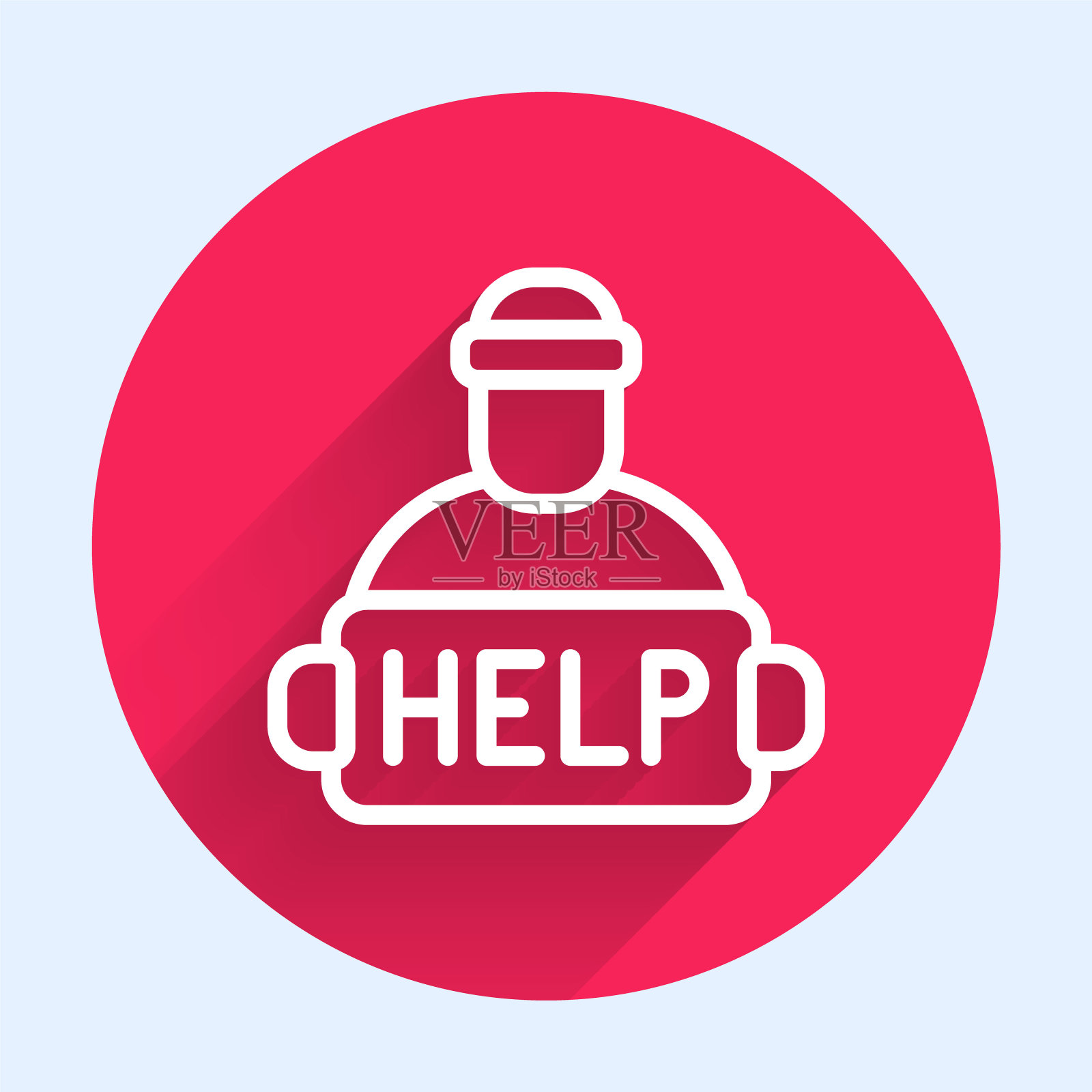 白线男子与纸板在城市街道上寻求帮助的图标与长阴影背景隔离。可怜的无家可归的乞丐。无家可归的问题。红色圆圈按钮。向量插画图片素材