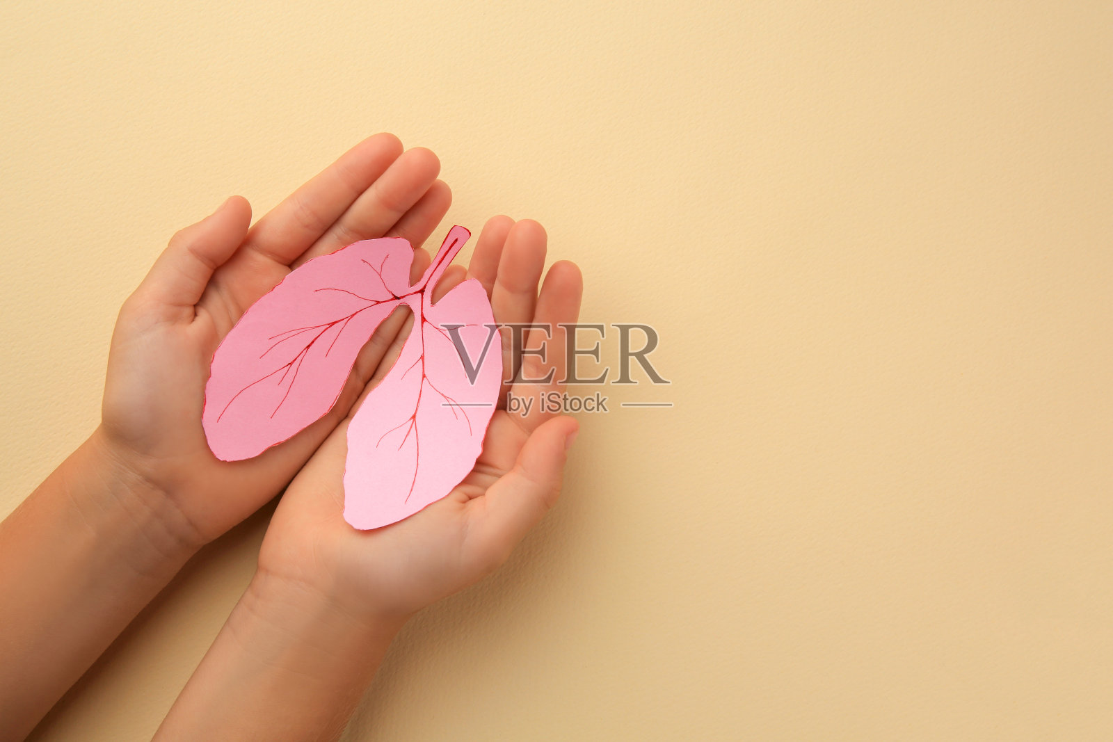 孩子拿着纸人肺，米色背景，俯视图。文本空间照片摄影图片