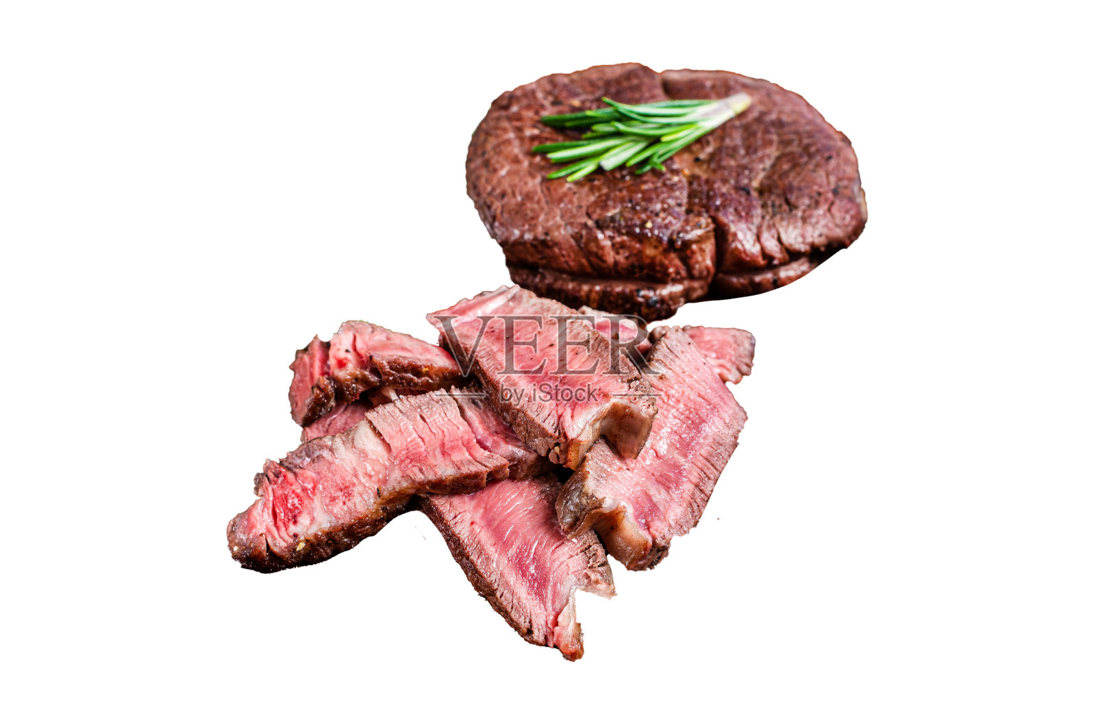 菲力牛排里脊，烤和切肉牛肉牛排孤立的白色背景，俯视图。照片摄影图片