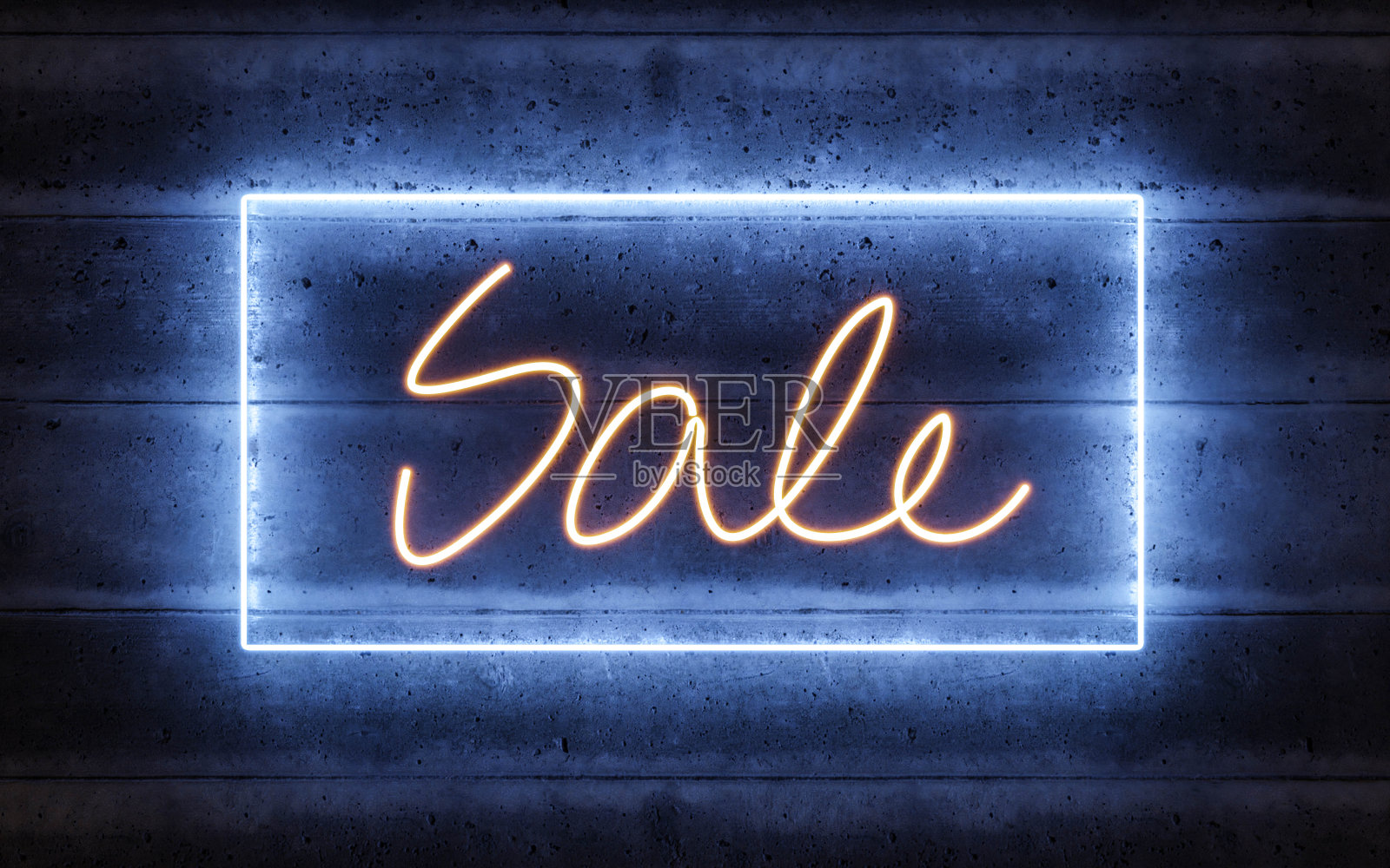 霓虹灯销售字母标志与蓝色和红色霓虹灯字母3d渲染插图照片摄影图片