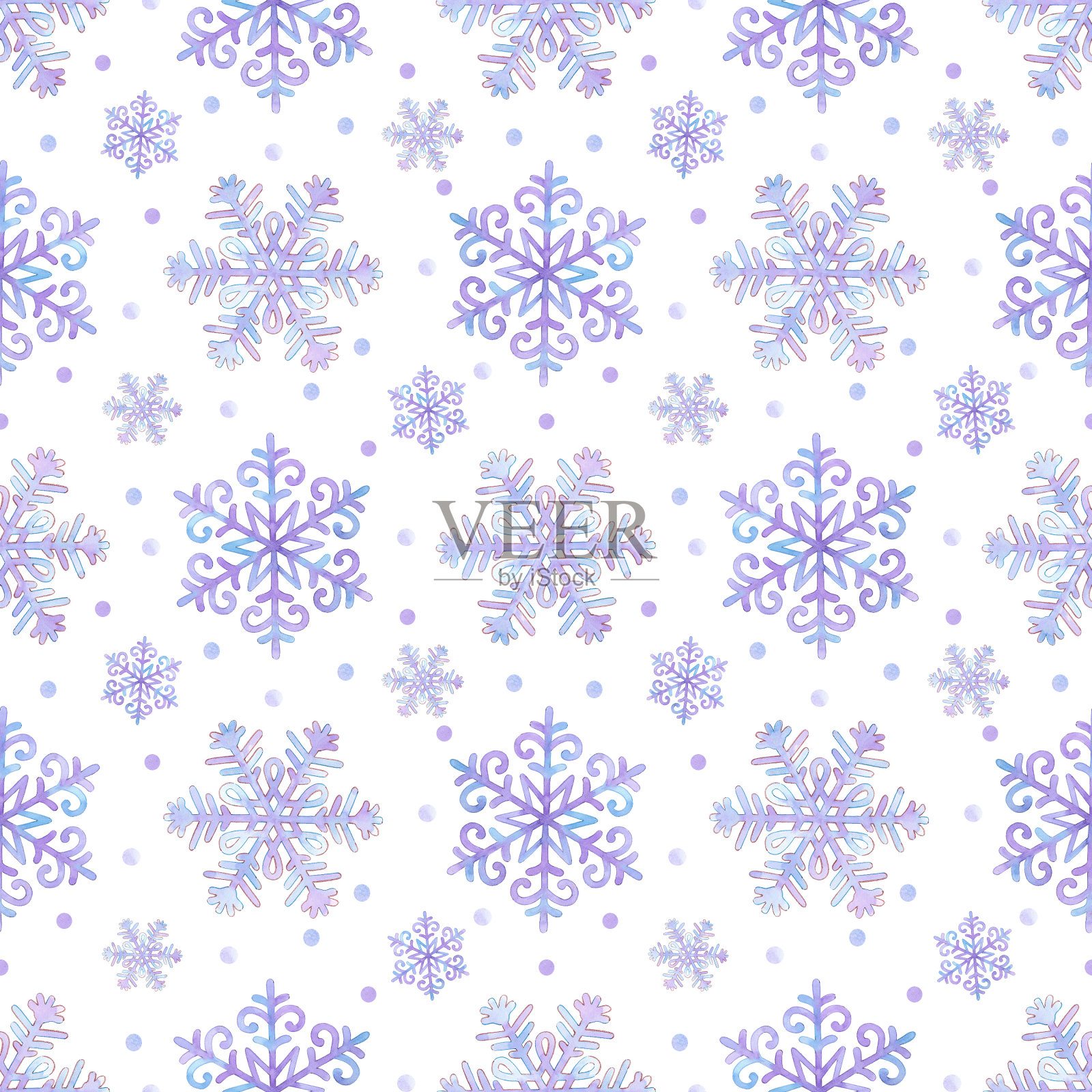 手绘水彩美丽的雪花无缝图案隔离在白色的背景。可用于纺织、织物等印花产品。插画图片素材