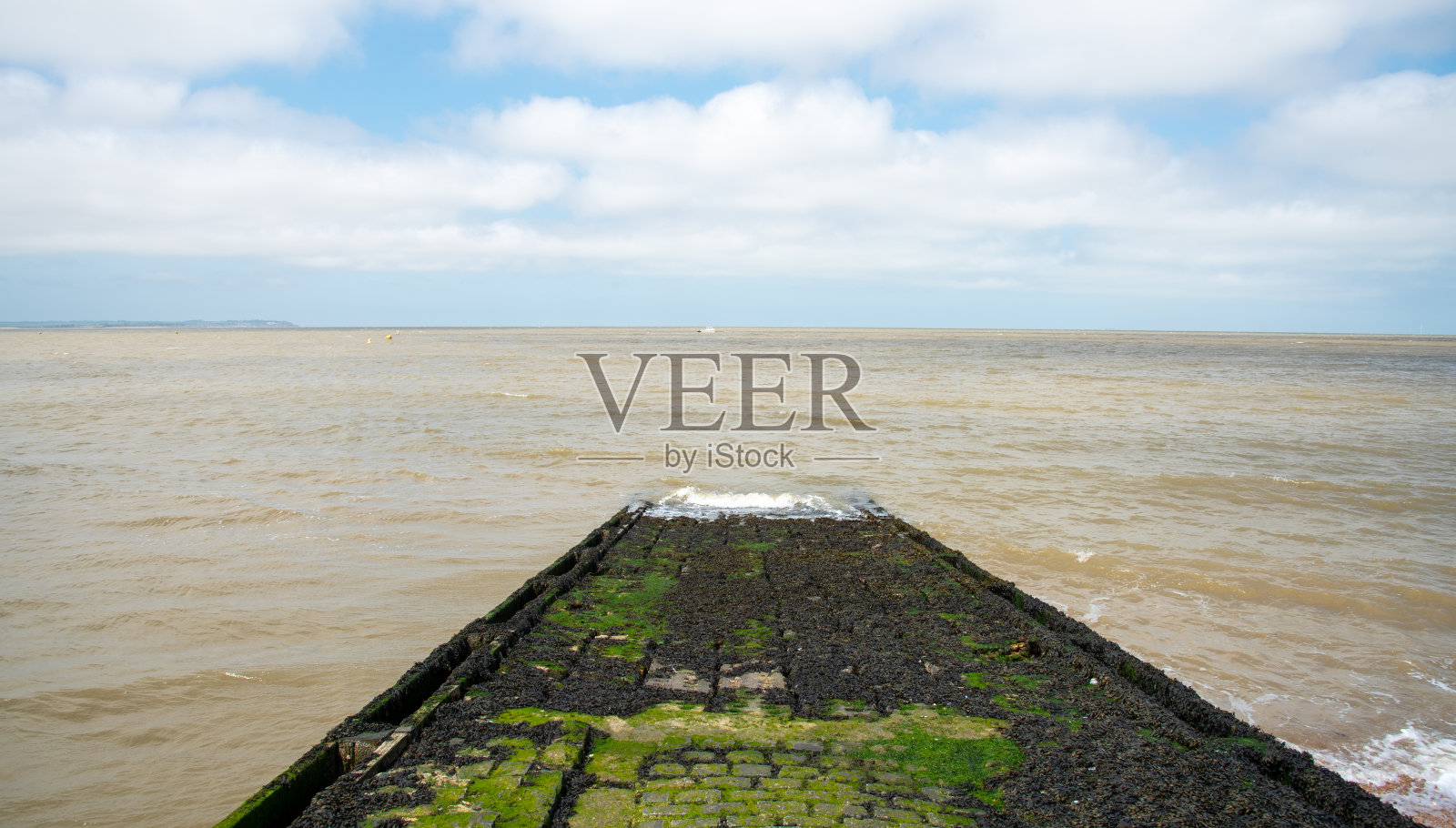 海中有滑溜溜的苔藓的船台。多云的天空。照片摄影图片