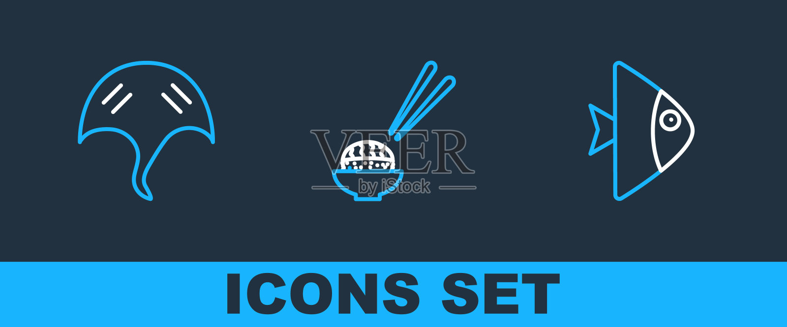 设置线鱼，黄貂鱼和寿司图标。向量插画图片素材