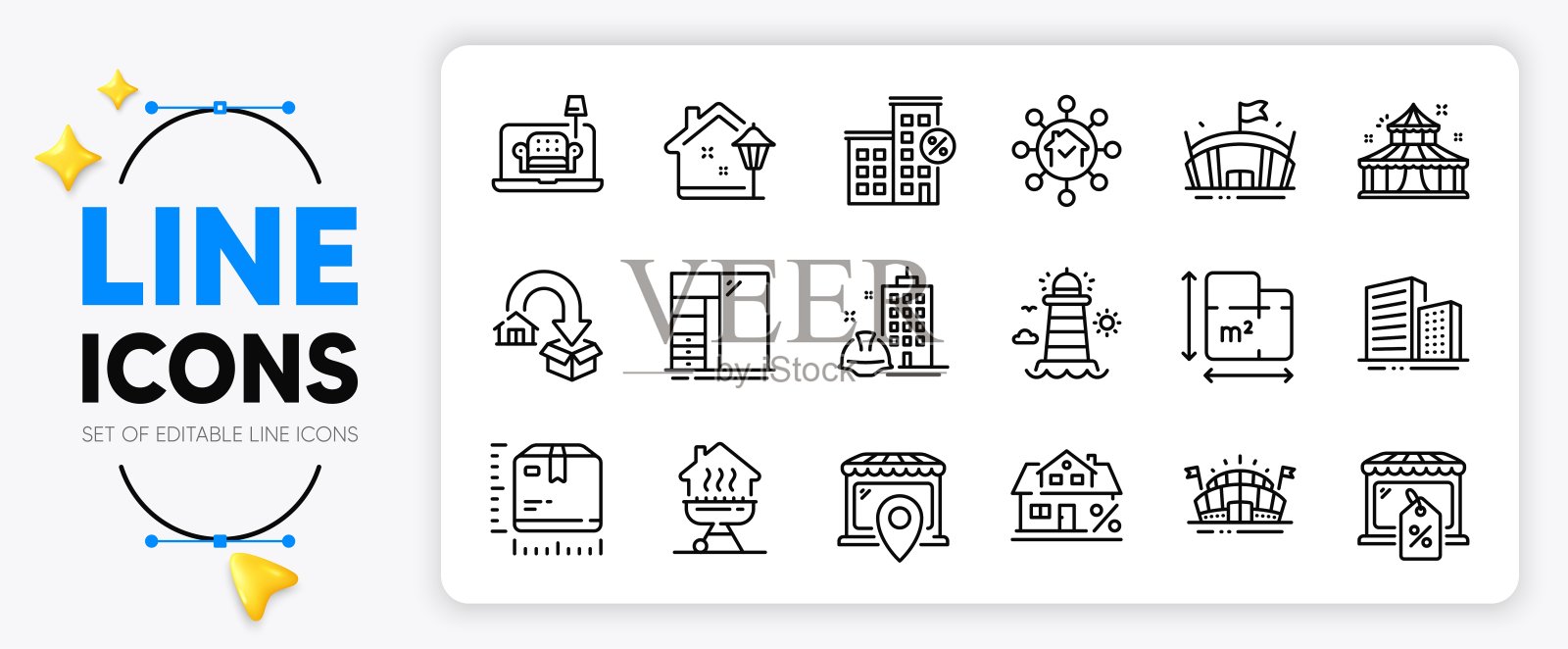 市场销售，包装尺寸和家具线条图标。用于web应用程序。矢量插画图片素材