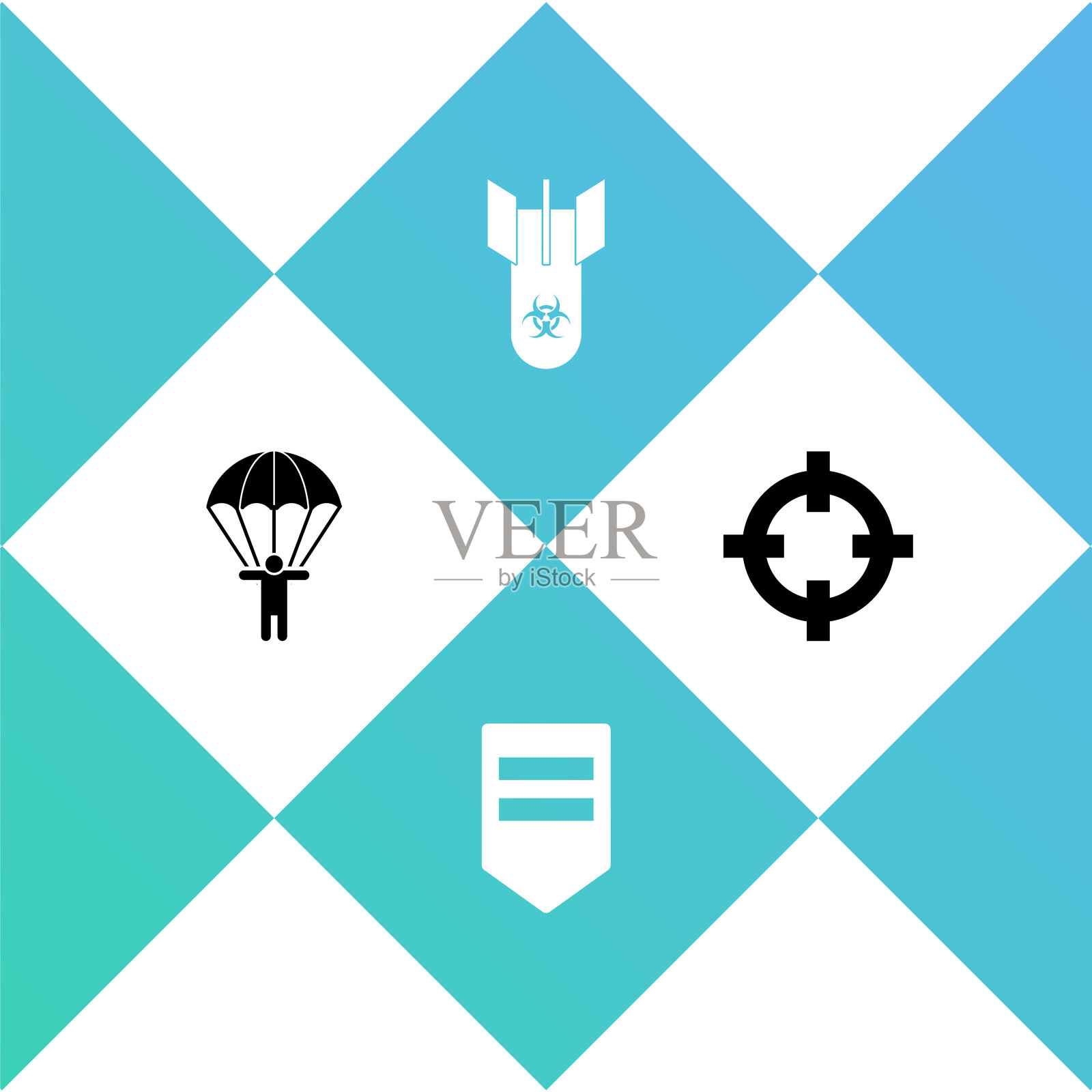 设置降落伞，雪佛龙，生化炸弹和目标运动图标。向量插画图片素材