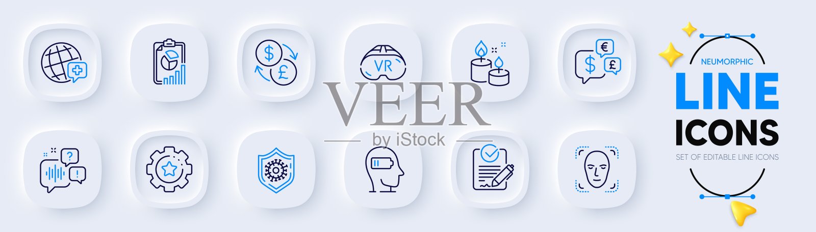 语音信箱，厌倦和冠状病毒保护线图标的web应用程序。象形图标。向量插画图片素材