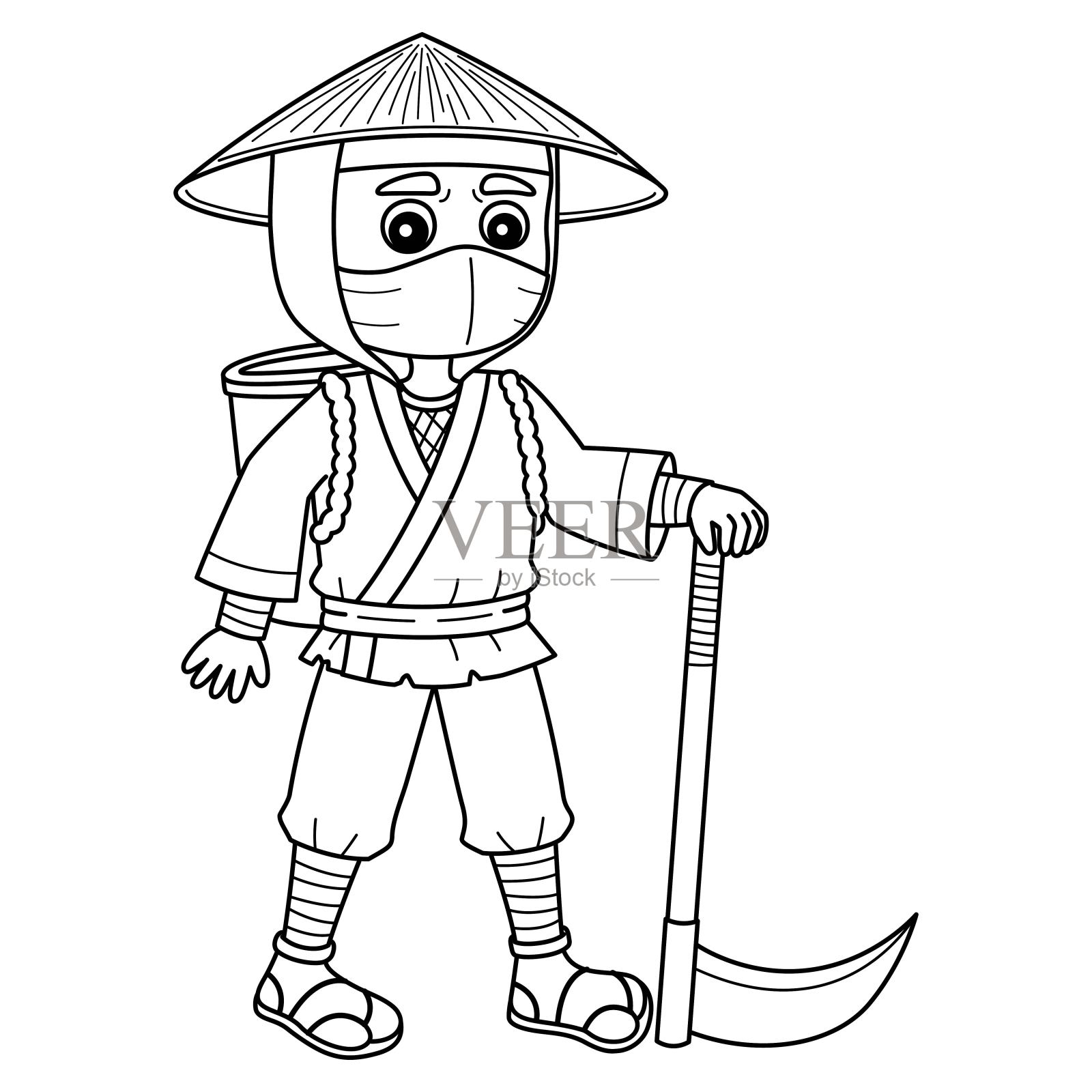 忍者伪装成农民孤立着色页插画图片素材