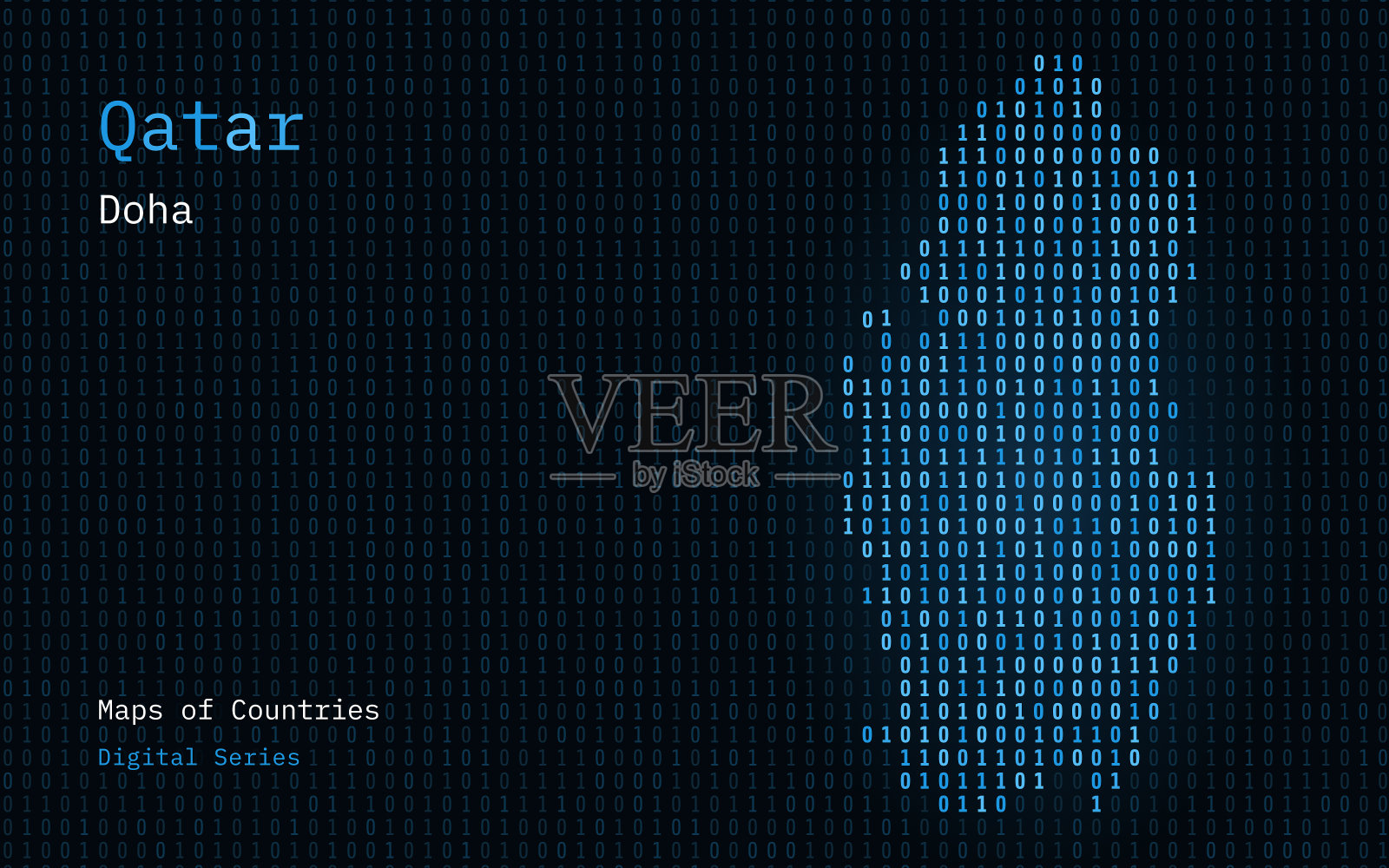 卡塔尔地图显示在二进制代码模式。台积电。蓝色矩阵数，0 1。插画图片素材