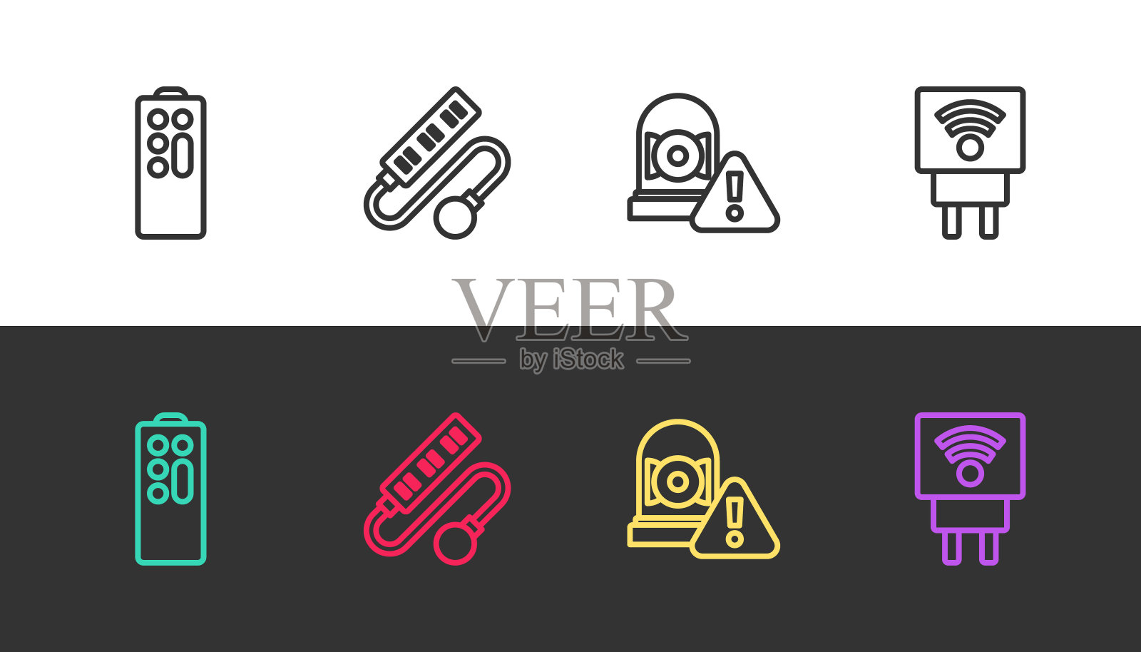 设置线路遥控器，电延长线，报警铃声和智能电源插头，黑白两色。向量插画图片素材