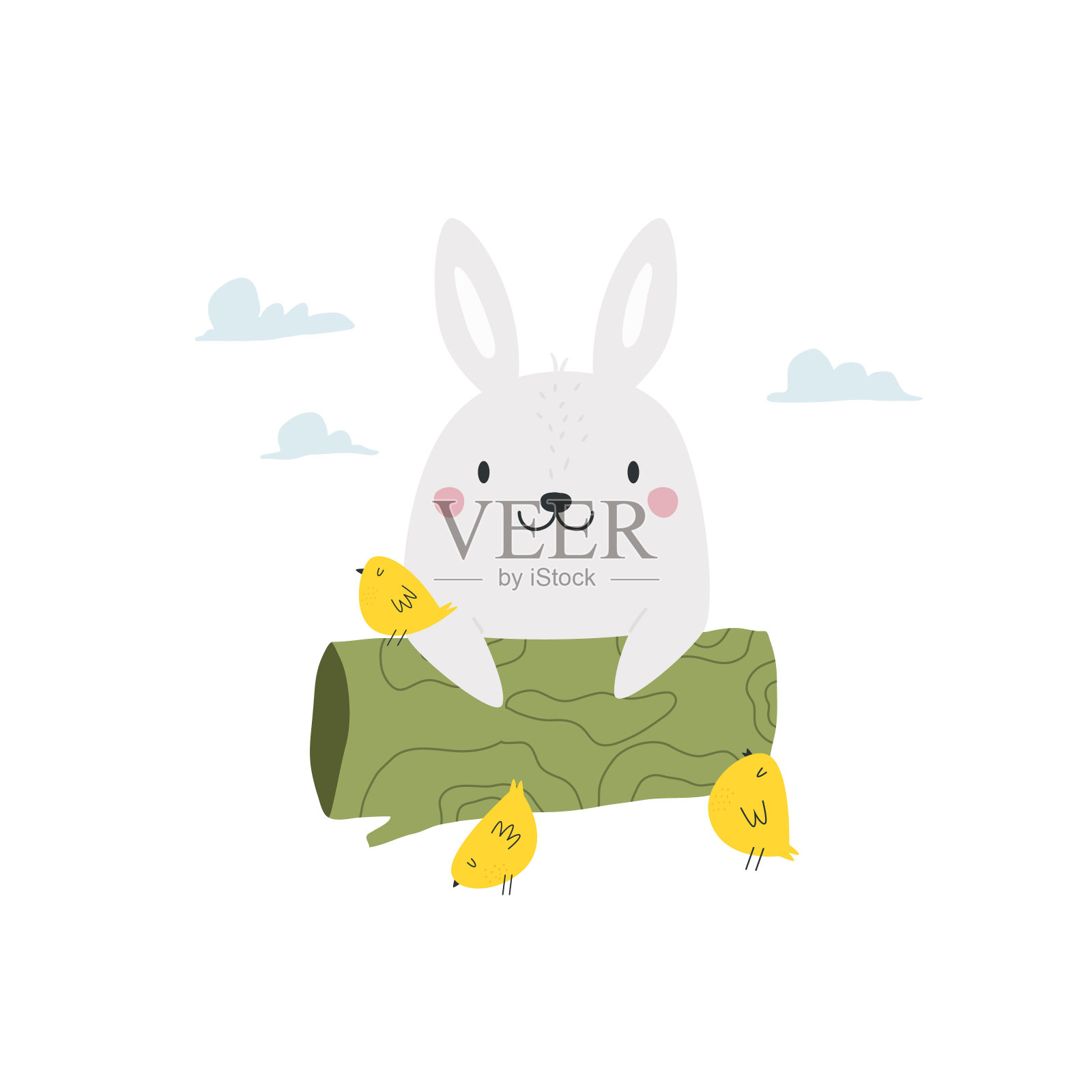 矢量插图可爱的兔子坐在后面的原木。插画图片素材