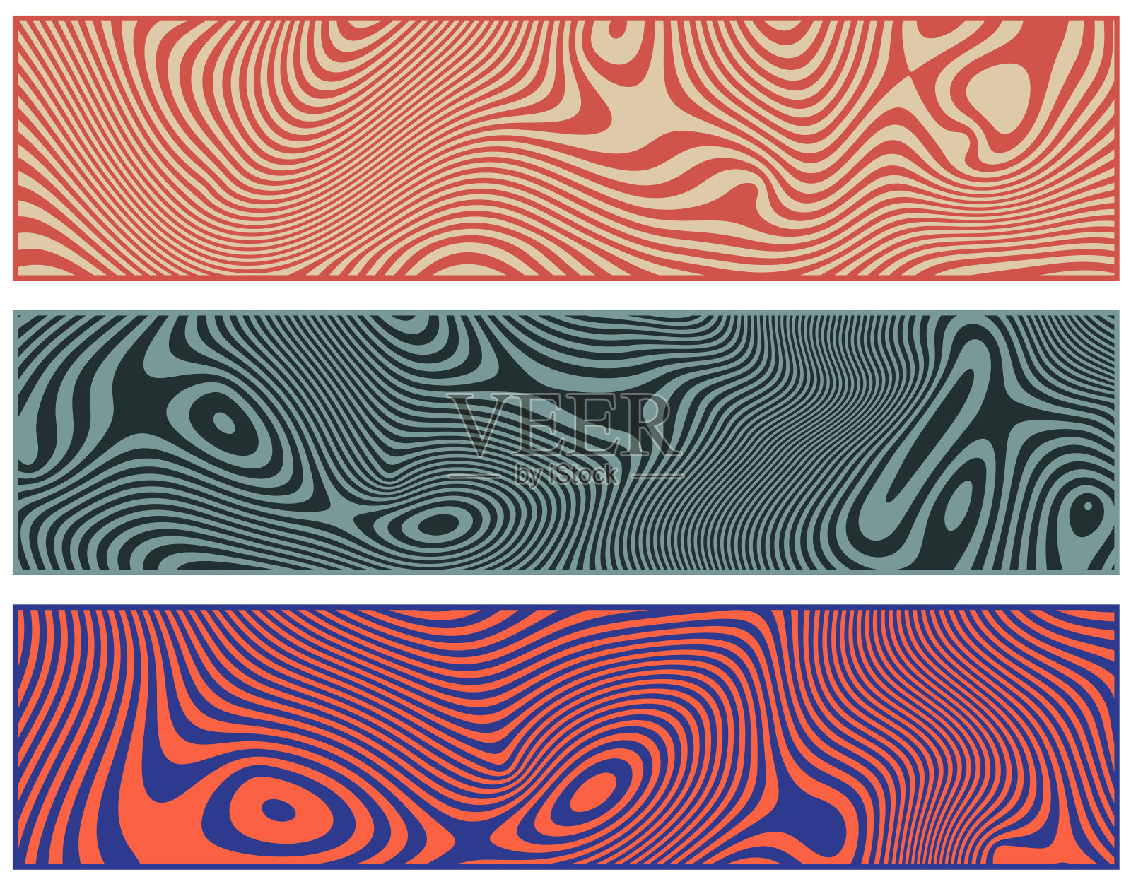 一套复古的横幅设计与波浪对比条纹和光学干涉效果。运动的错觉海报，传单，邀请，封面，标书。插画图片素材