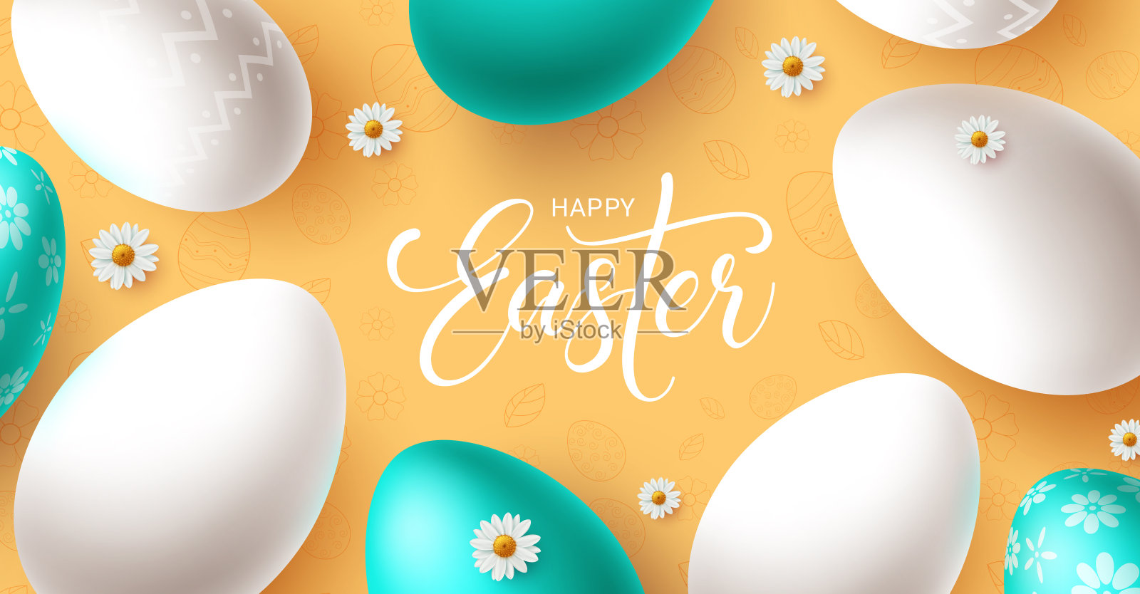 复活节快乐的文本矢量模板。快乐复活节贺卡与白色和绿色的鸡蛋装饰元素在黄色的背景插画图片素材