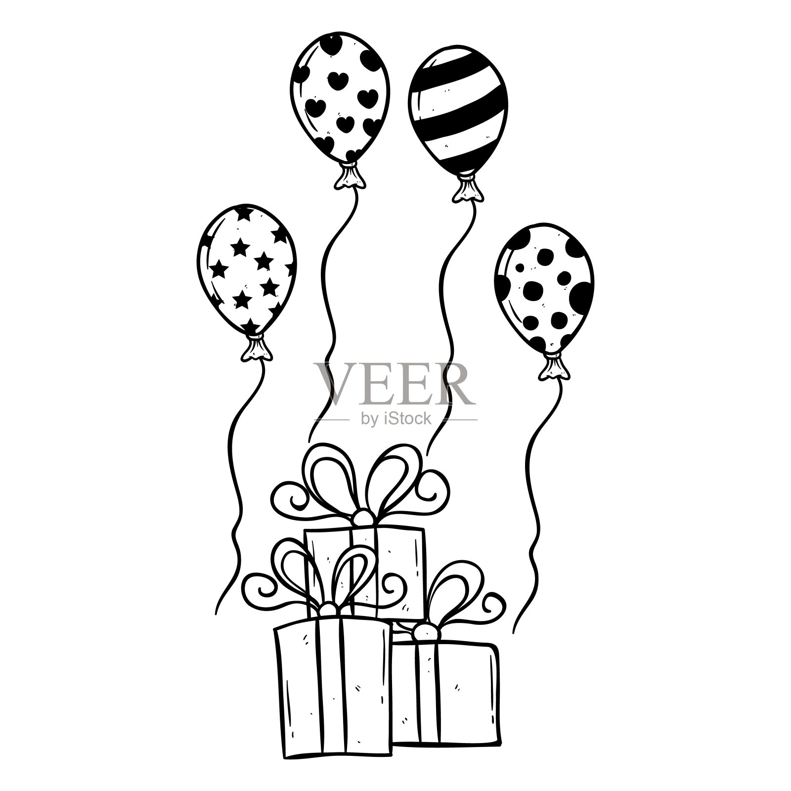生日派对涂鸦礼盒和气球套装插画图片素材