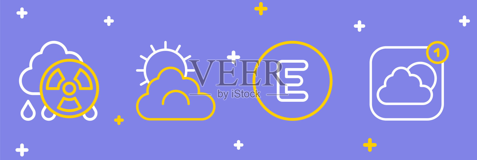 设置线天气预报应用程序，指南针西，太阳和云天气和酸雨放射性图标。向量插画图片素材