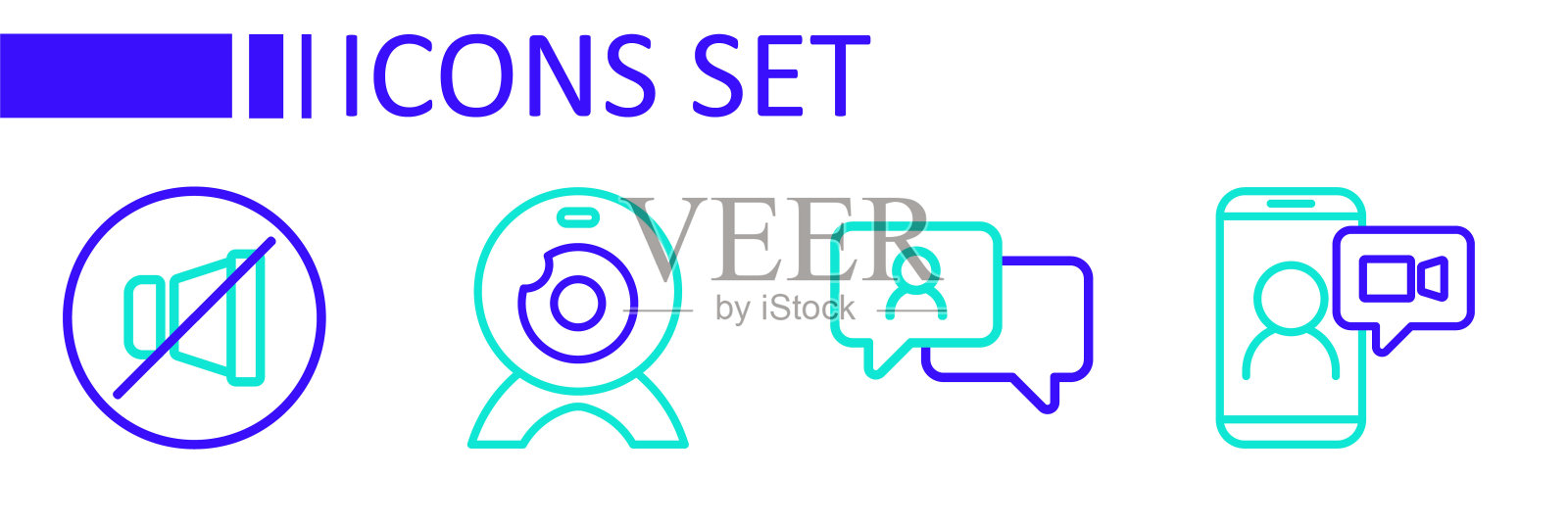 设置线路视频聊天会议，语音泡泡，网络摄像头和静音麦克风图标。向量插画图片素材