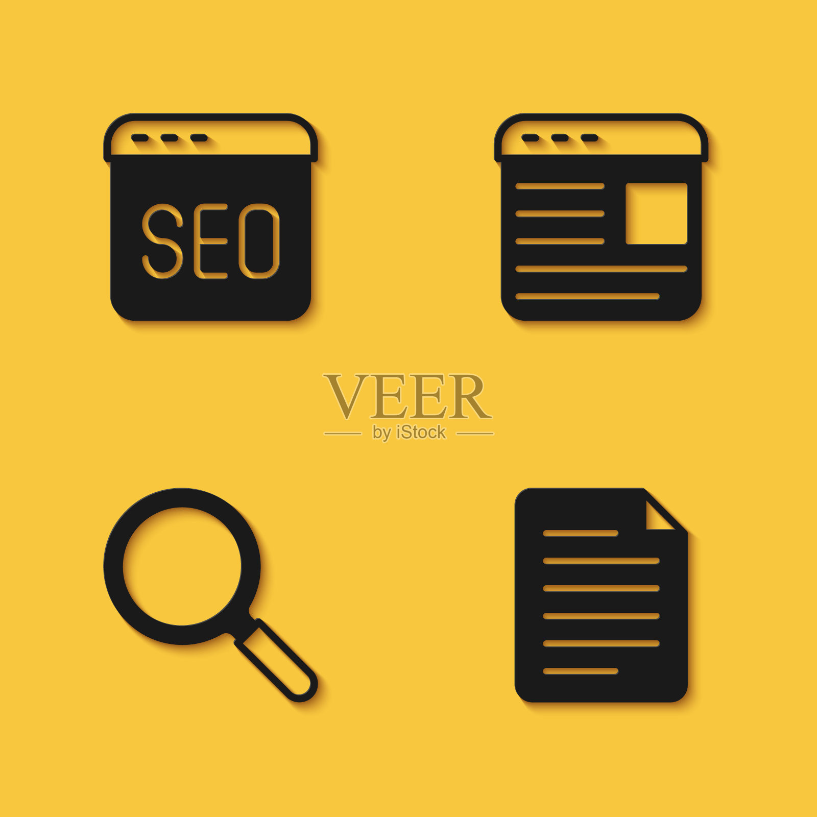 设置SEO优化，文件文件，放大镜和广告图标长阴影。向量插画图片素材