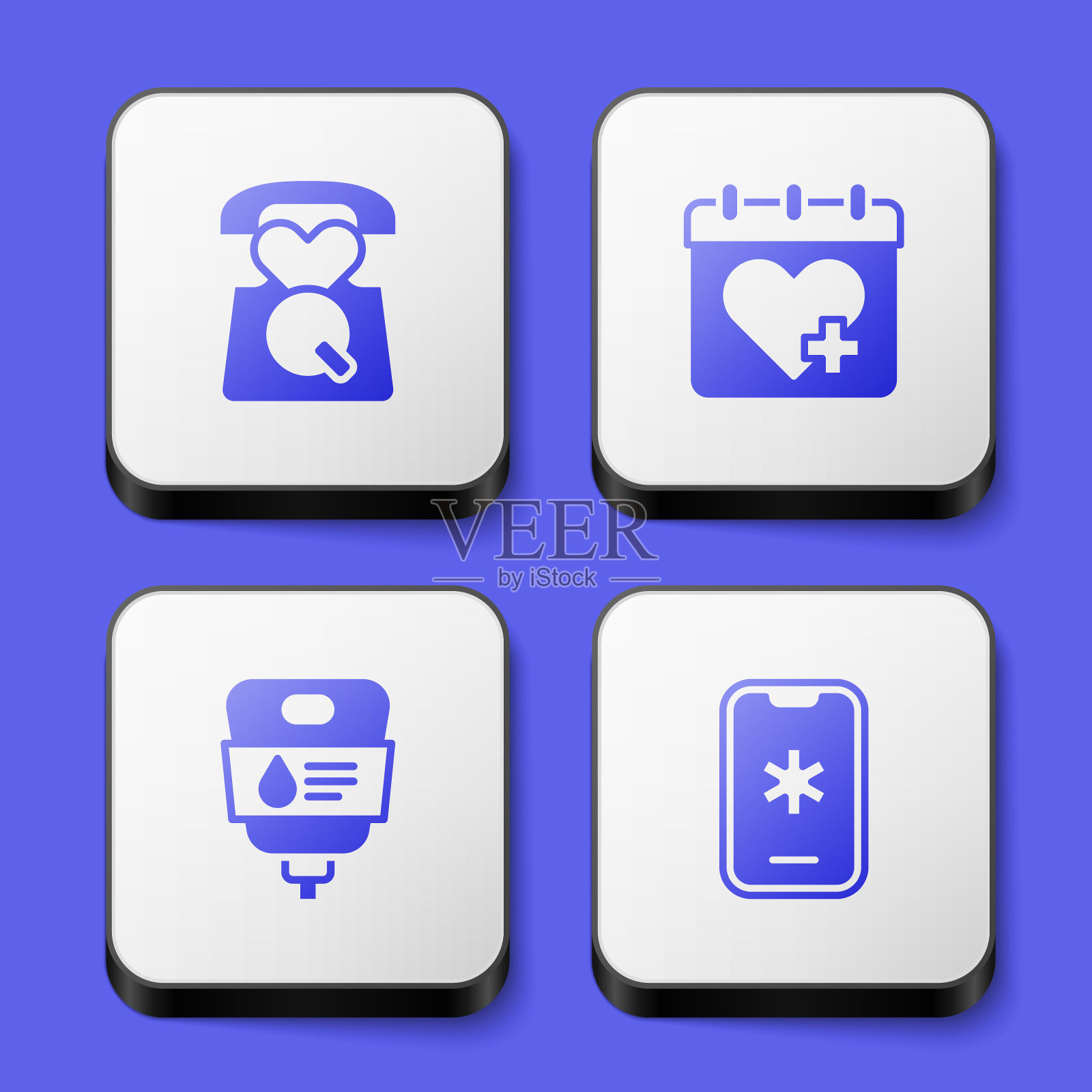 设置紧急呼叫911，医生预约，静脉注射袋和图标。白色方形按钮。向量插画图片素材