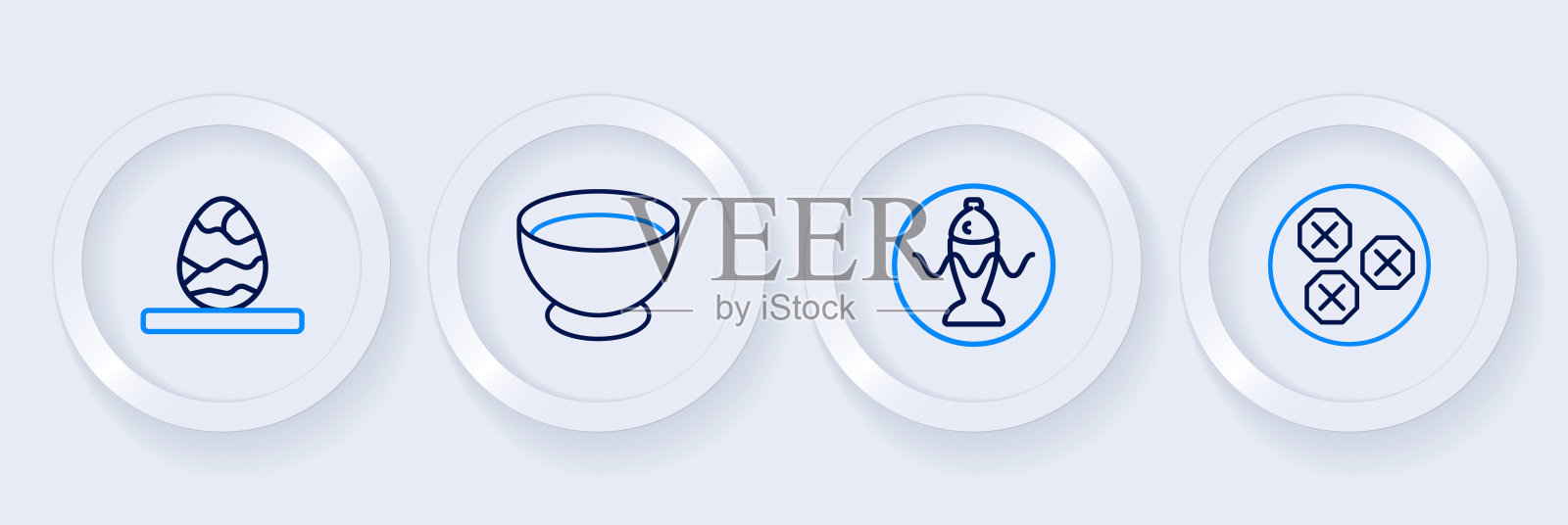 设线馄饨，一盘鱼，一碗酱油和茶叶蛋图标。向量插画图片素材