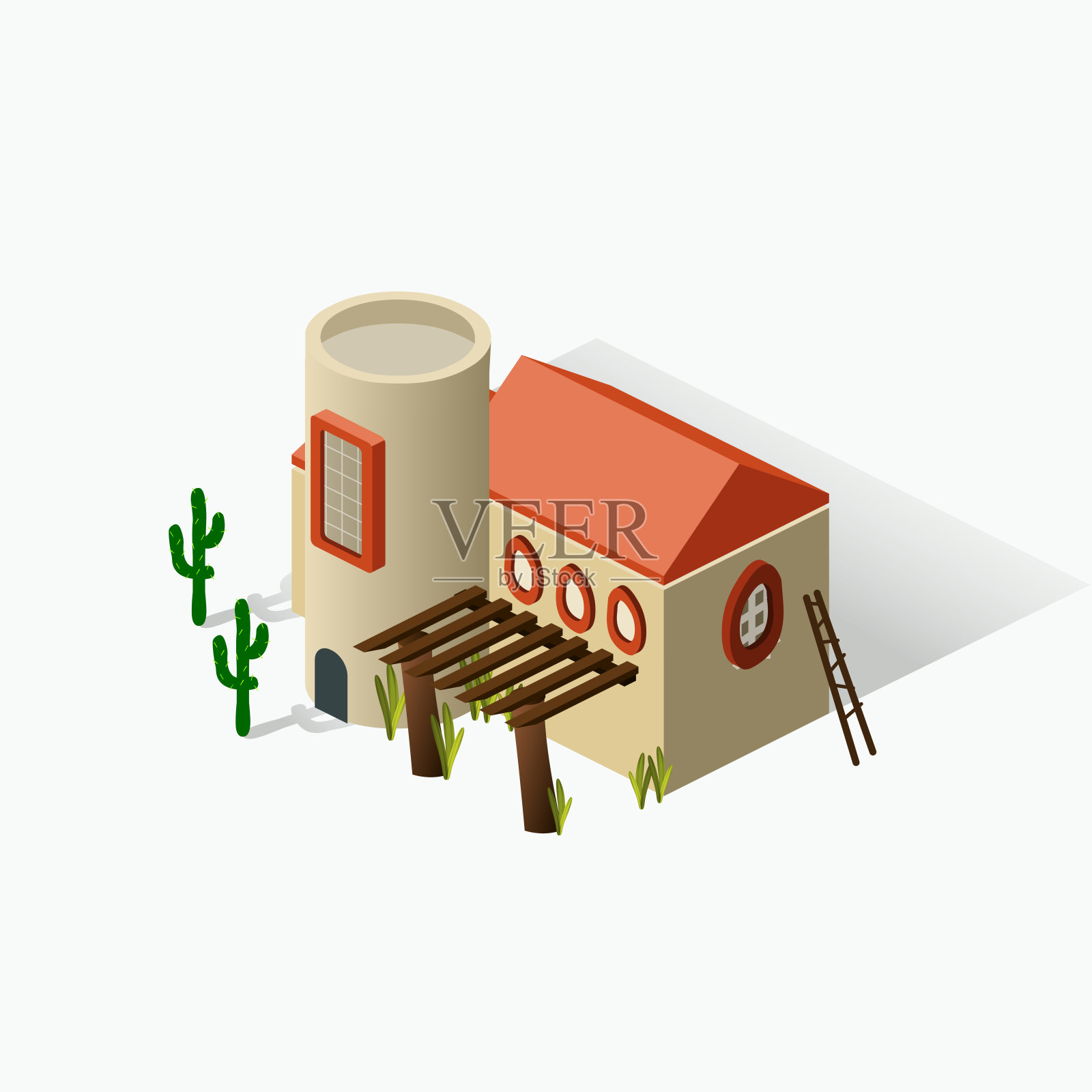 等距中东房屋-亚洲建筑-小镇-沙漠建筑-目的地中东-旅游景点-地点-中东地区-参观沙漠-沙建筑-沙房子-地标插画图片素材