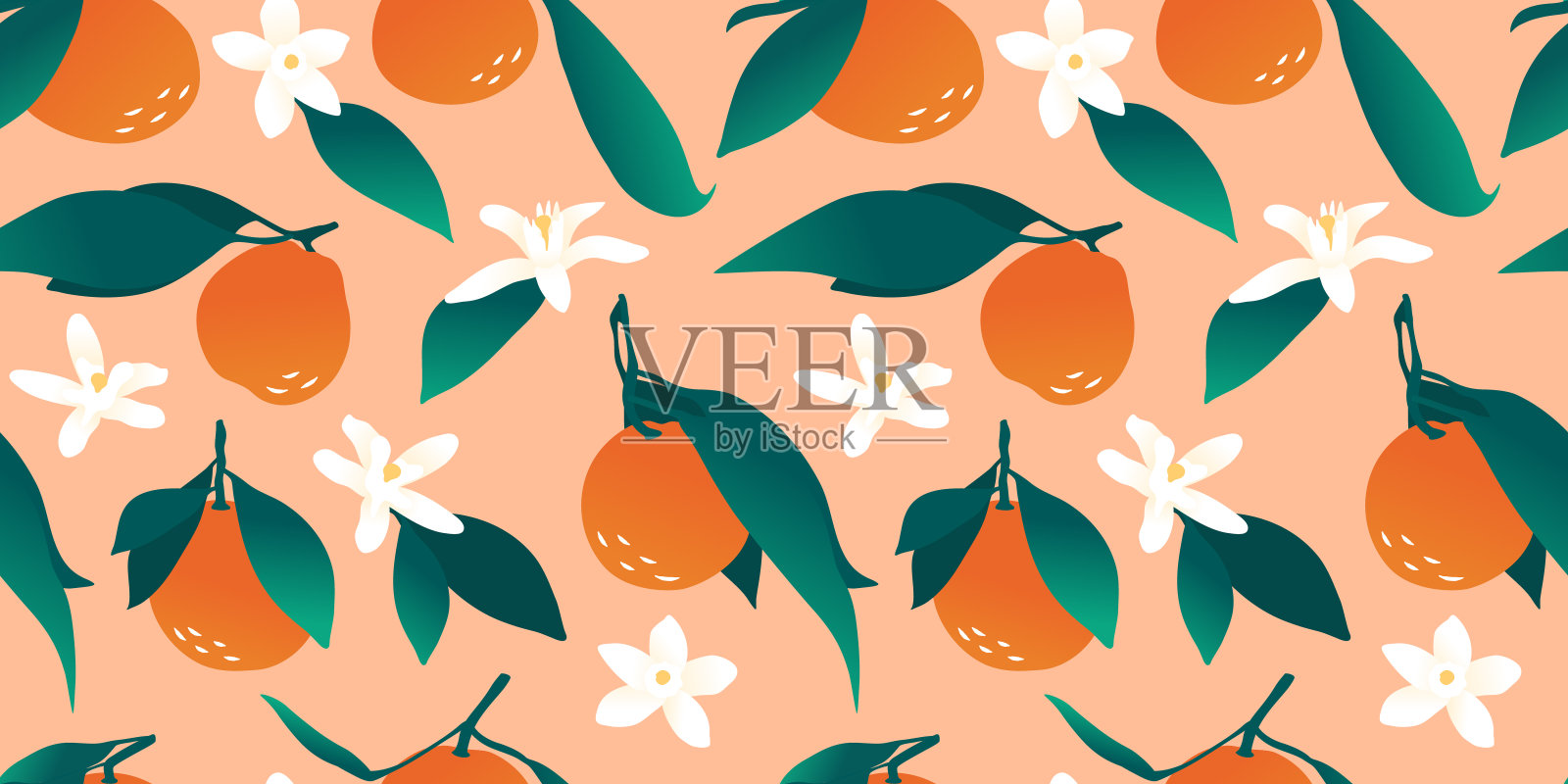 在桃色模糊的背景上，有叶子和花朵的橘子。柑橘类的水果。现代无缝花纹适用于织物、纸张、装饰。插画图片素材