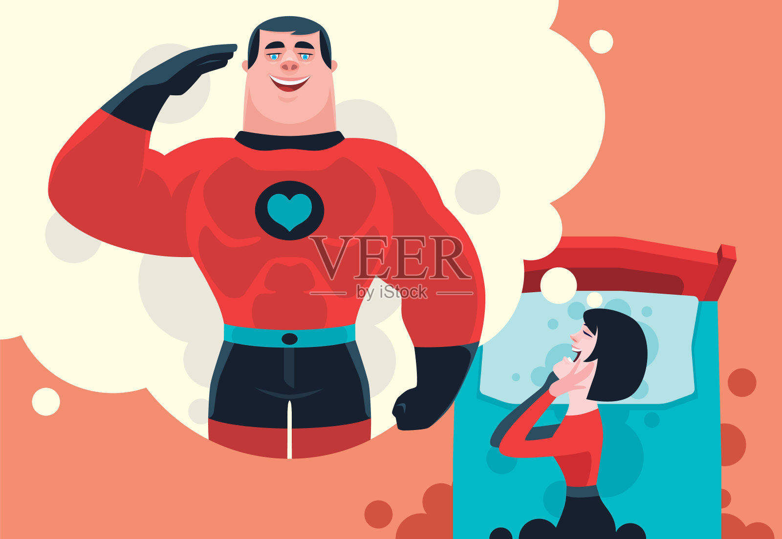 女人睡在床上，梦想着向超级英雄致敬插画图片素材