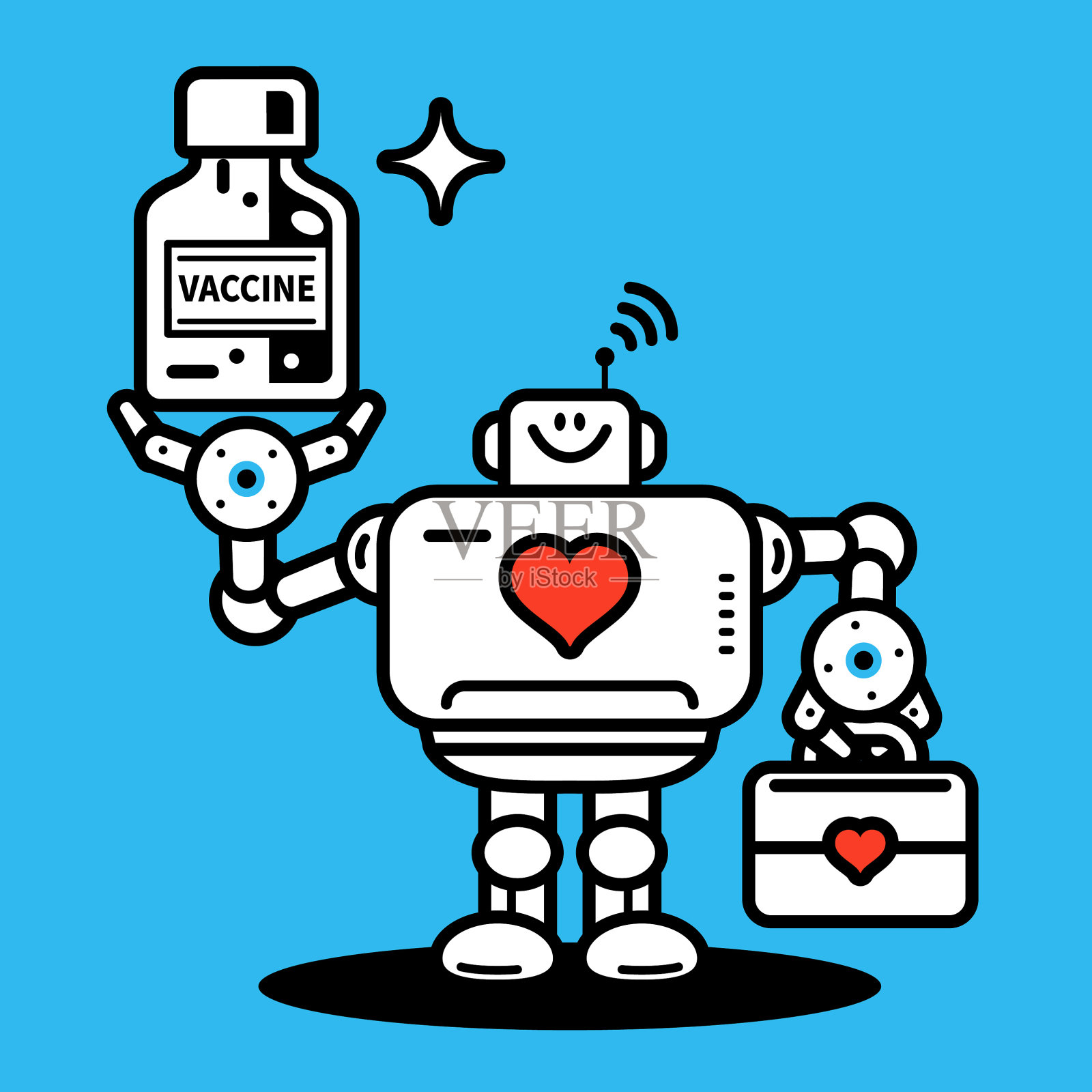 一个人工智能机器人医生拿着急救箱或医疗袋和一个大疫苗瓶插画图片素材