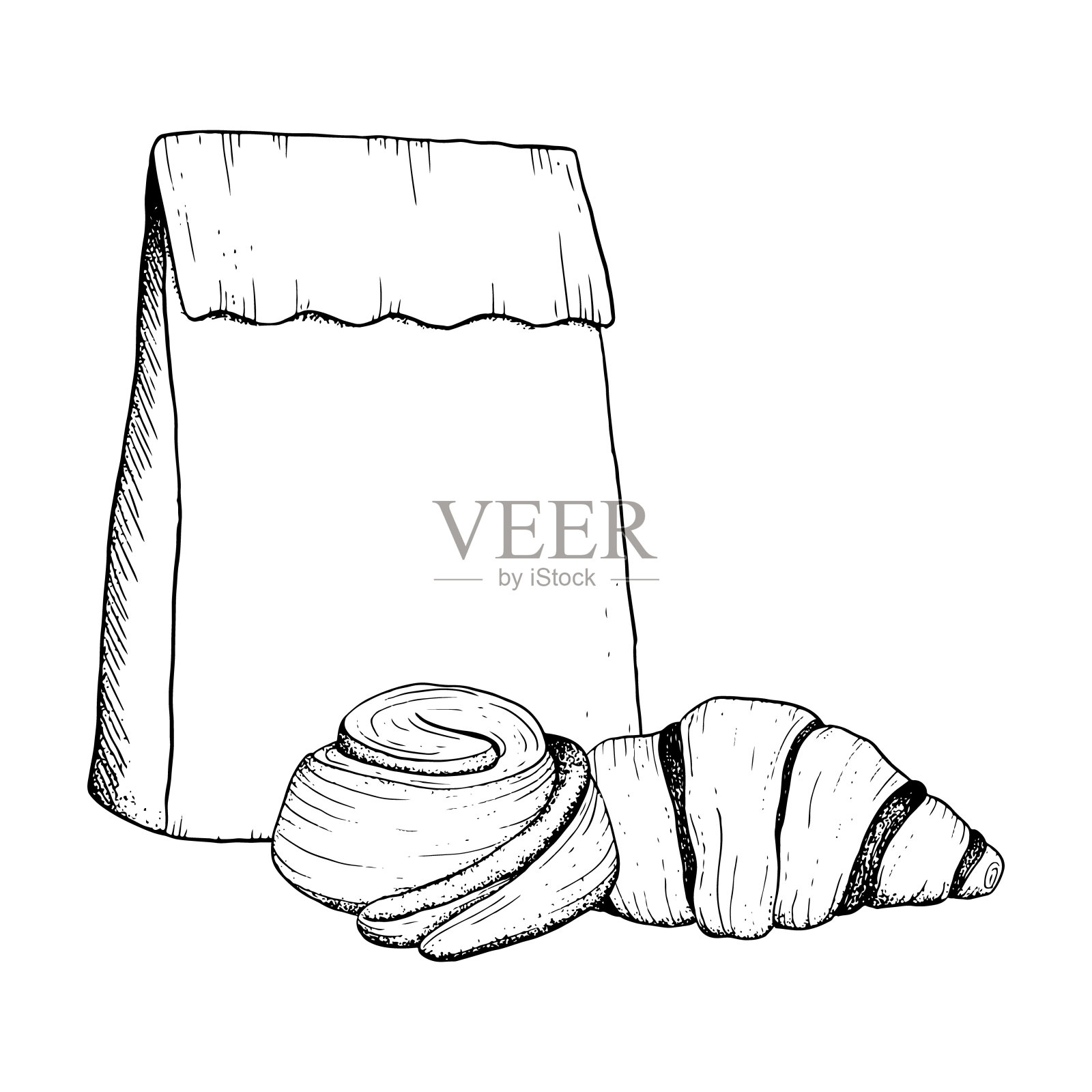 矢量巧克力羊角面包，肉桂卷面包和纸工艺袋黑白插图素描早餐和咖啡休息在面包店的设计插画图片素材