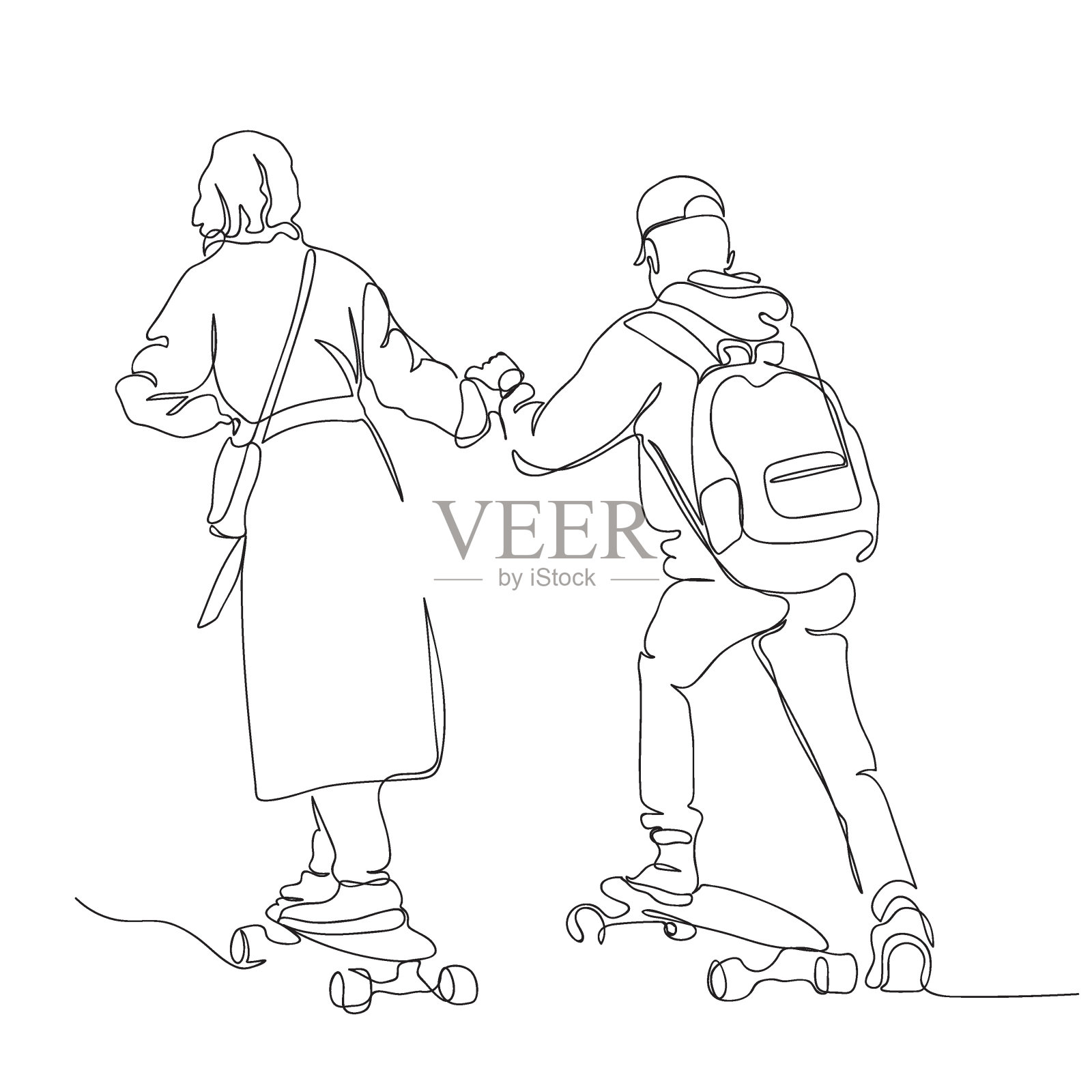 滑板约会。女人扶着男人开始骑马。连续线条绘制。黑白矢量插图在线艺术风格。插画图片素材