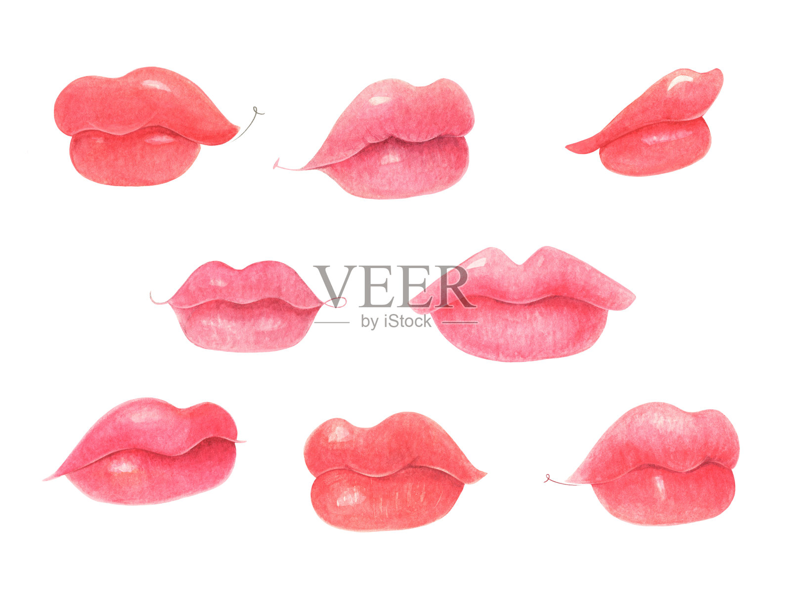 收藏美丽逼真的嘴唇，水彩插图，孤立。插画图片素材