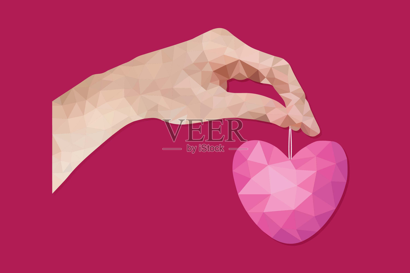 拼贴横幅与手与红心在三角形抽象技术在红色的背景。插画图片素材