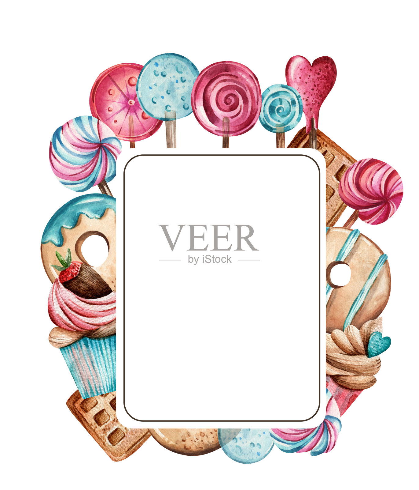 水彩标志，框架与甜点。插画图片素材