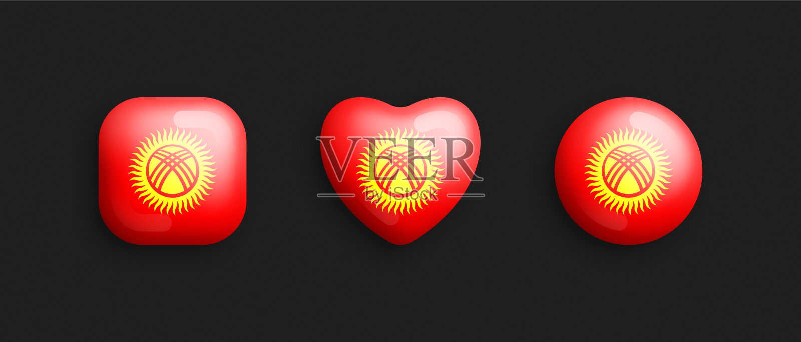 吉尔吉斯斯坦官方国旗三维矢量光滑图标隔离在黑色背景上插画图片素材