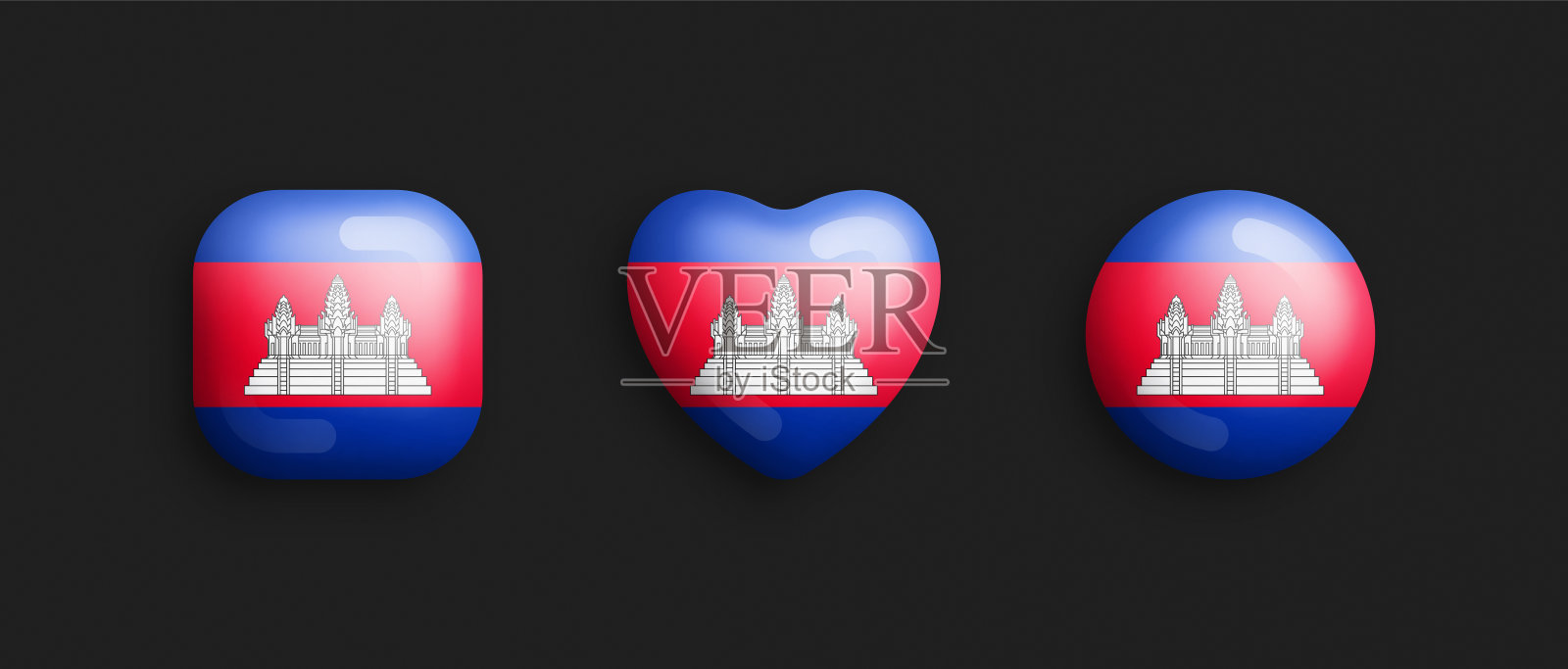 柬埔寨官方国旗三维矢量光滑图标隔离在黑色背景上插画图片素材
