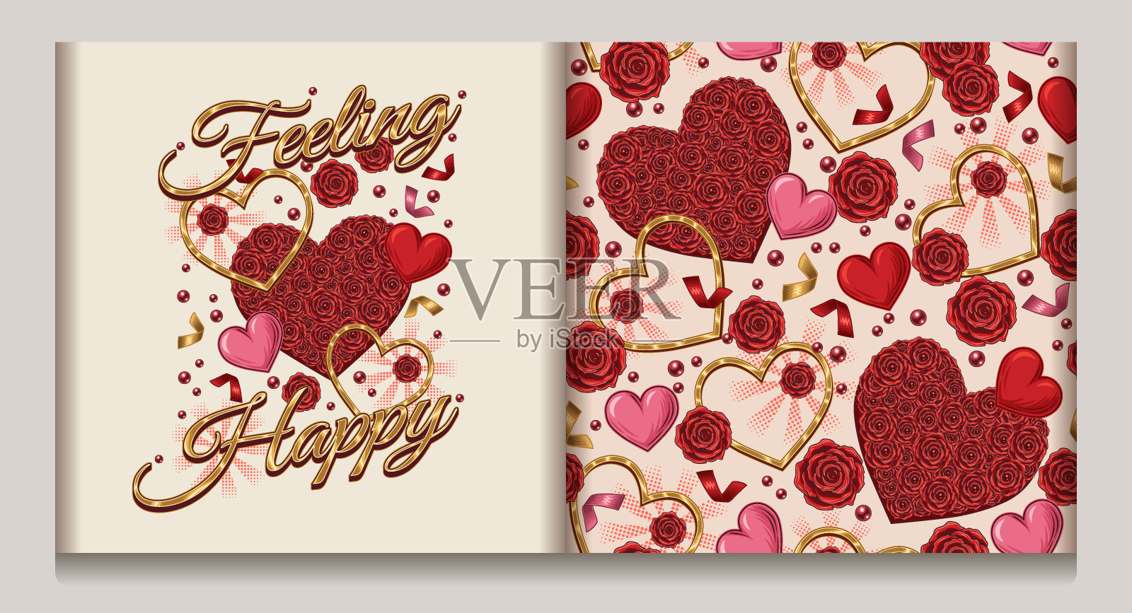 情人节无缝图案，标签上有爱心，玫瑰花，五彩纸屑，散落的珠子，文字。适用于婚礼、订婚活动、情人节、礼品装饰。插画图片素材