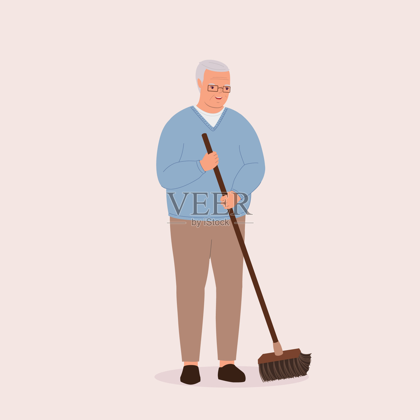 老人用扫帚扫地。插画图片素材